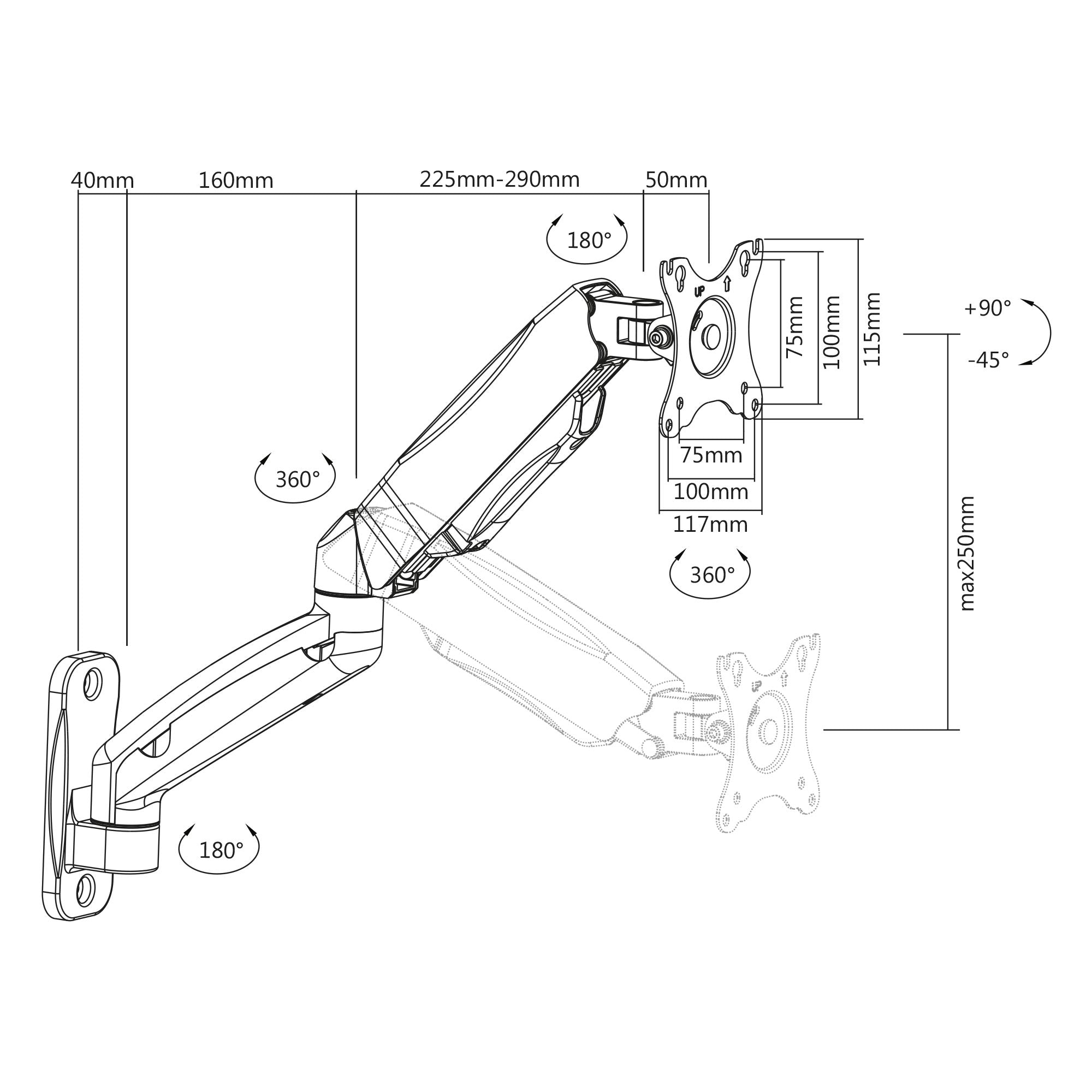 Technische Zeichnung eines verstellbaren Monitorarms mit Maßen.