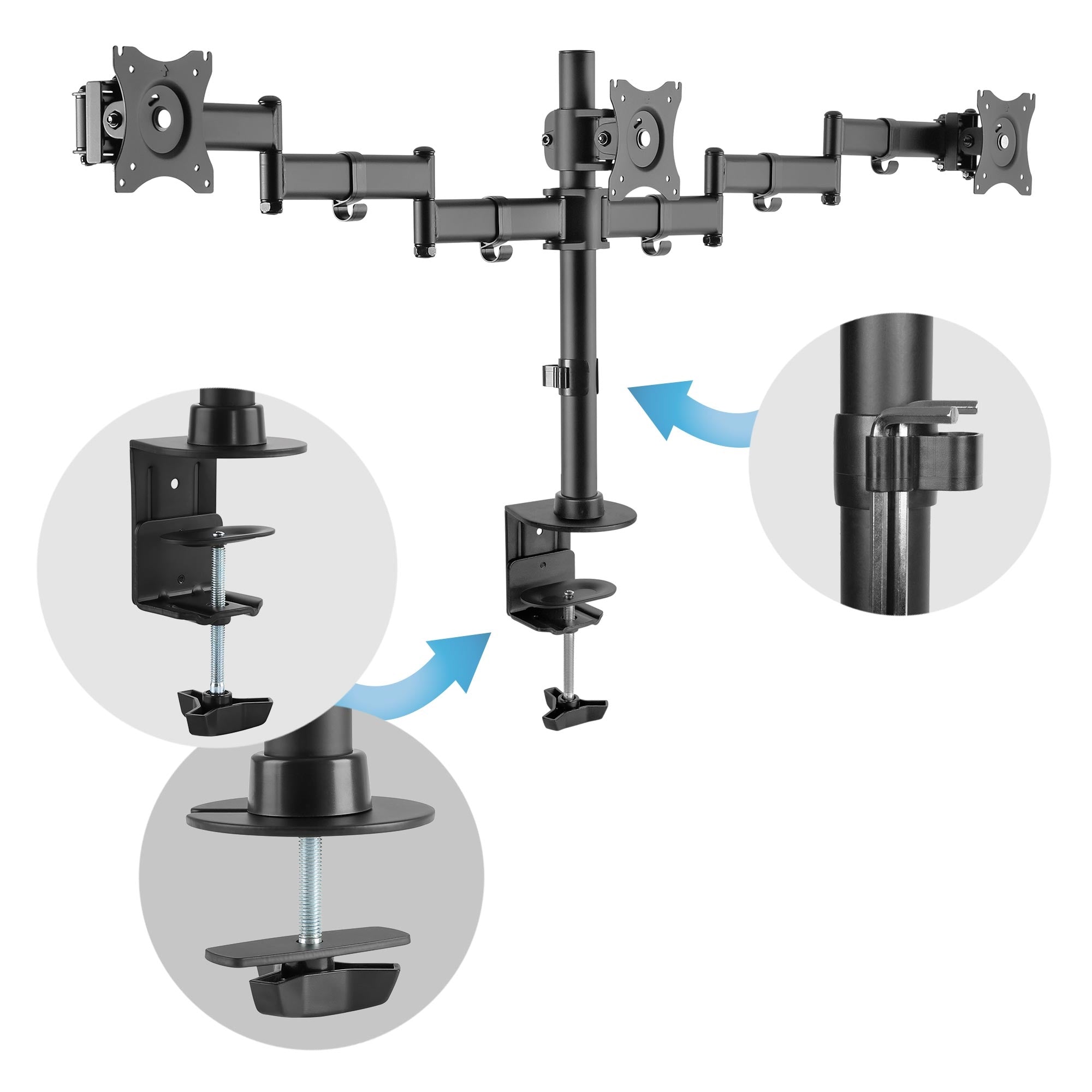 Ein flexibles Monitorhaltesystem mit mehreren Halterungen und einer stabilen Basis.