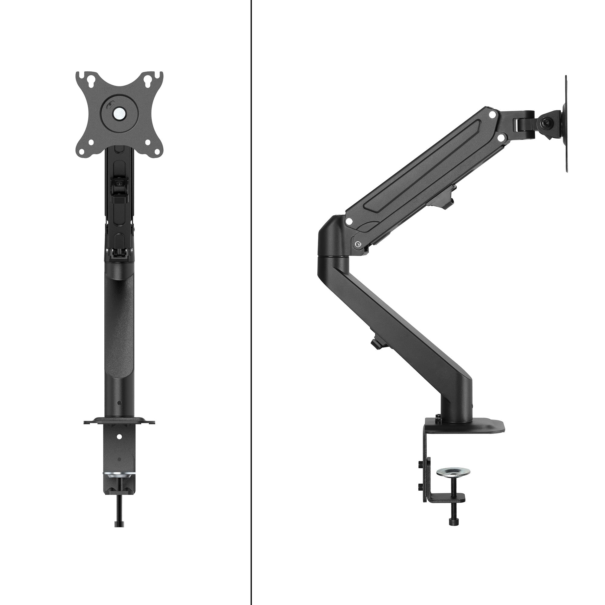 Monitorarm in zwei Positionen, vertikal und horizontal, mit Halterung.