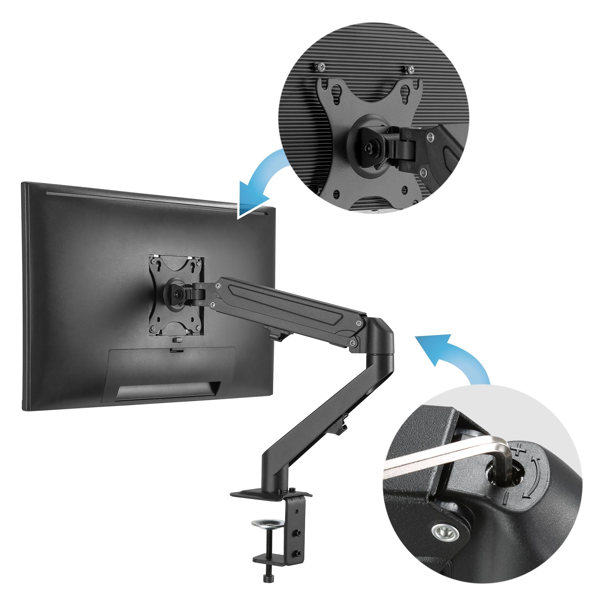 Ein Monitorarm mit beweglichem Gelenk, der an einem Monitor befestigt ist.