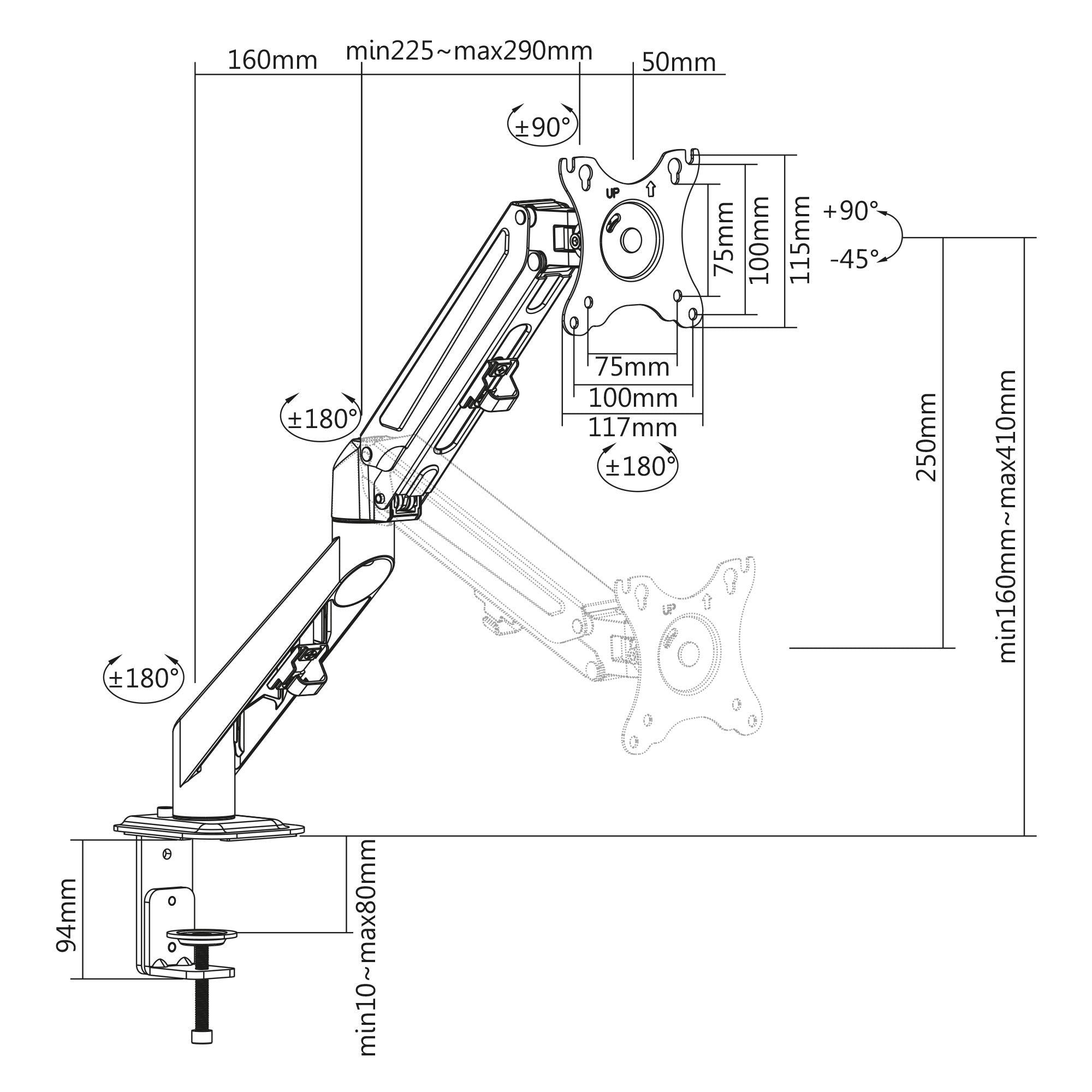 Technische Zeichnung eines Monitorarms mit Maßen und Drehwinkeln.