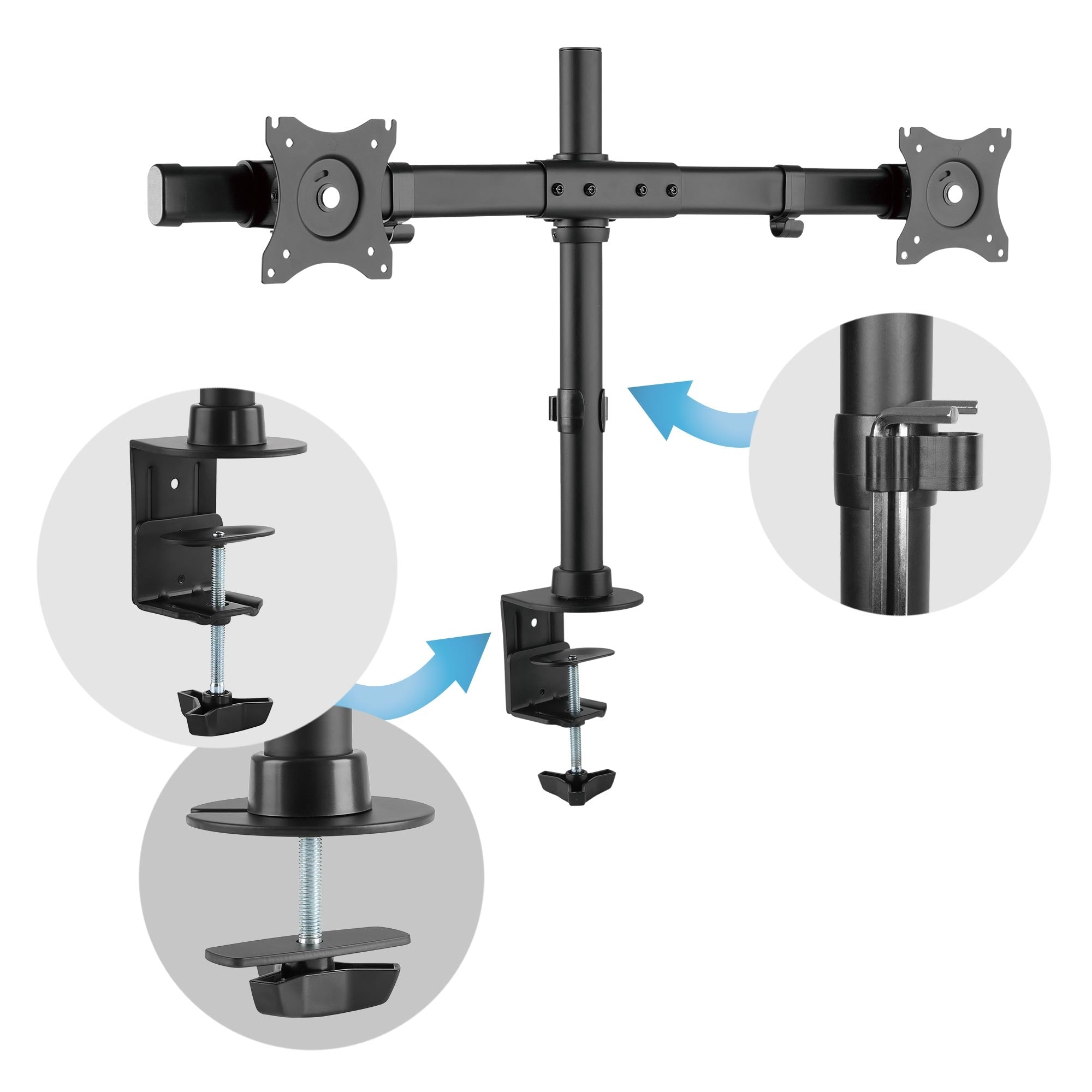 Schwenkbarer Monitorarm mit verschiedenen Halterungen und Schraubmechanismus.
