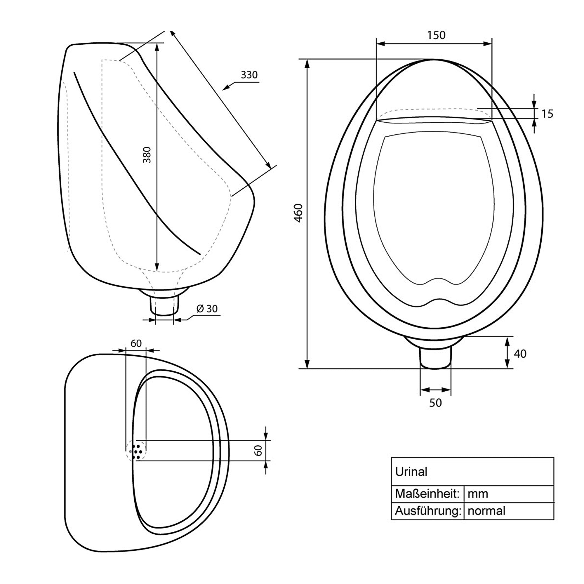 Technische tekening van een urinoir met maatvoering in millimeters.