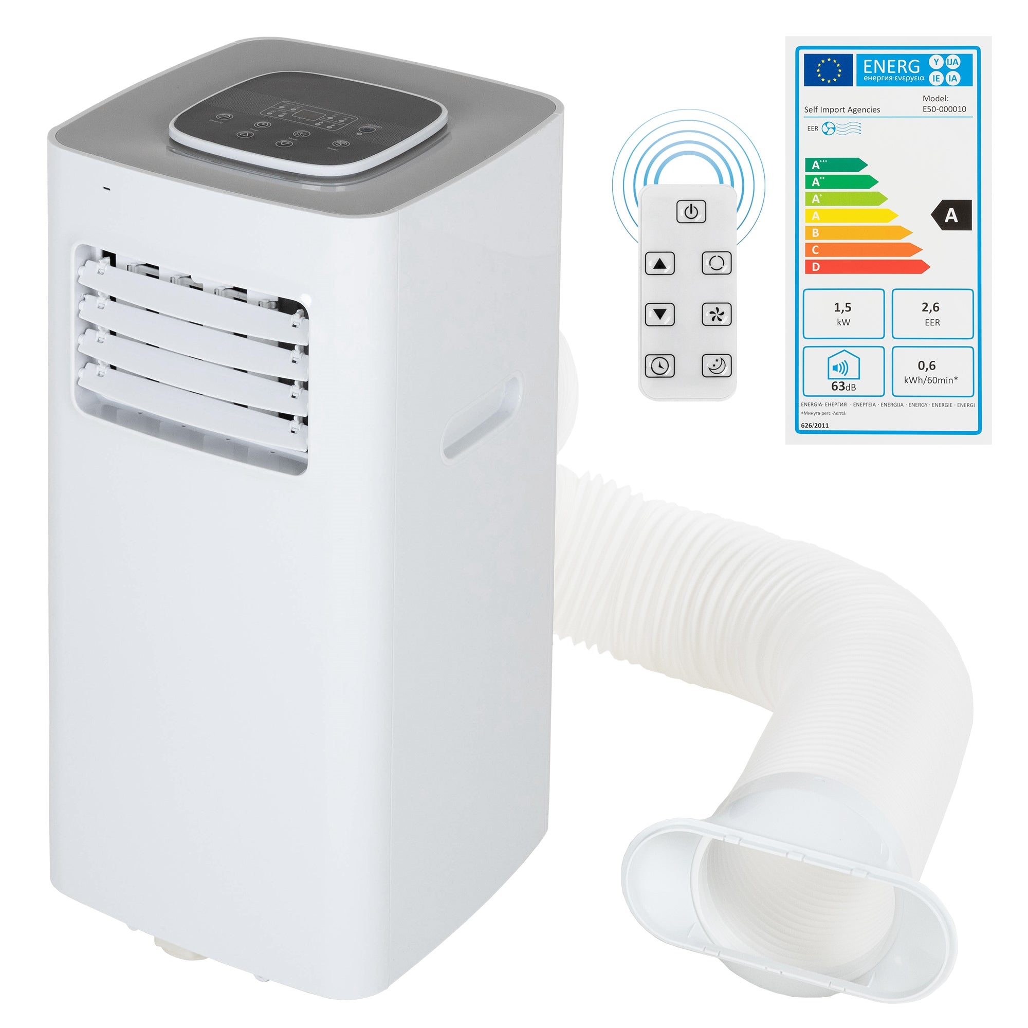 Mobile air conditioning unit with remote control and exhaust hose on a white background.