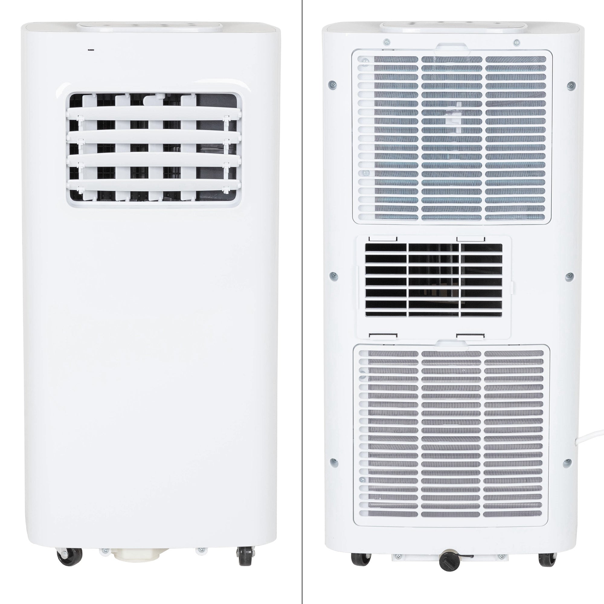 Rear view of a mobile air conditioning unit with ventilation slots and water drainage.