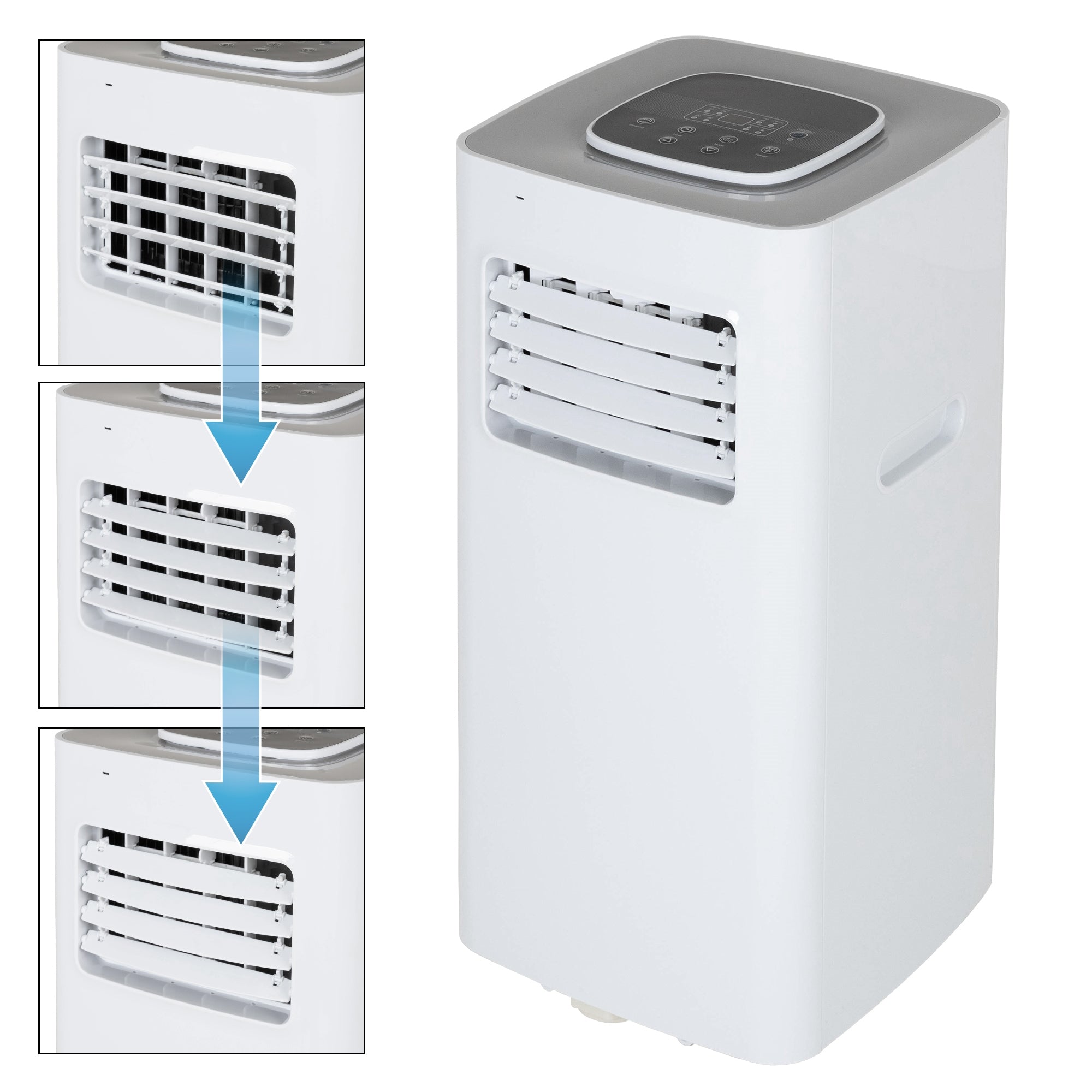 Detail view of a mobile air conditioner with adjustable ventilation slots.