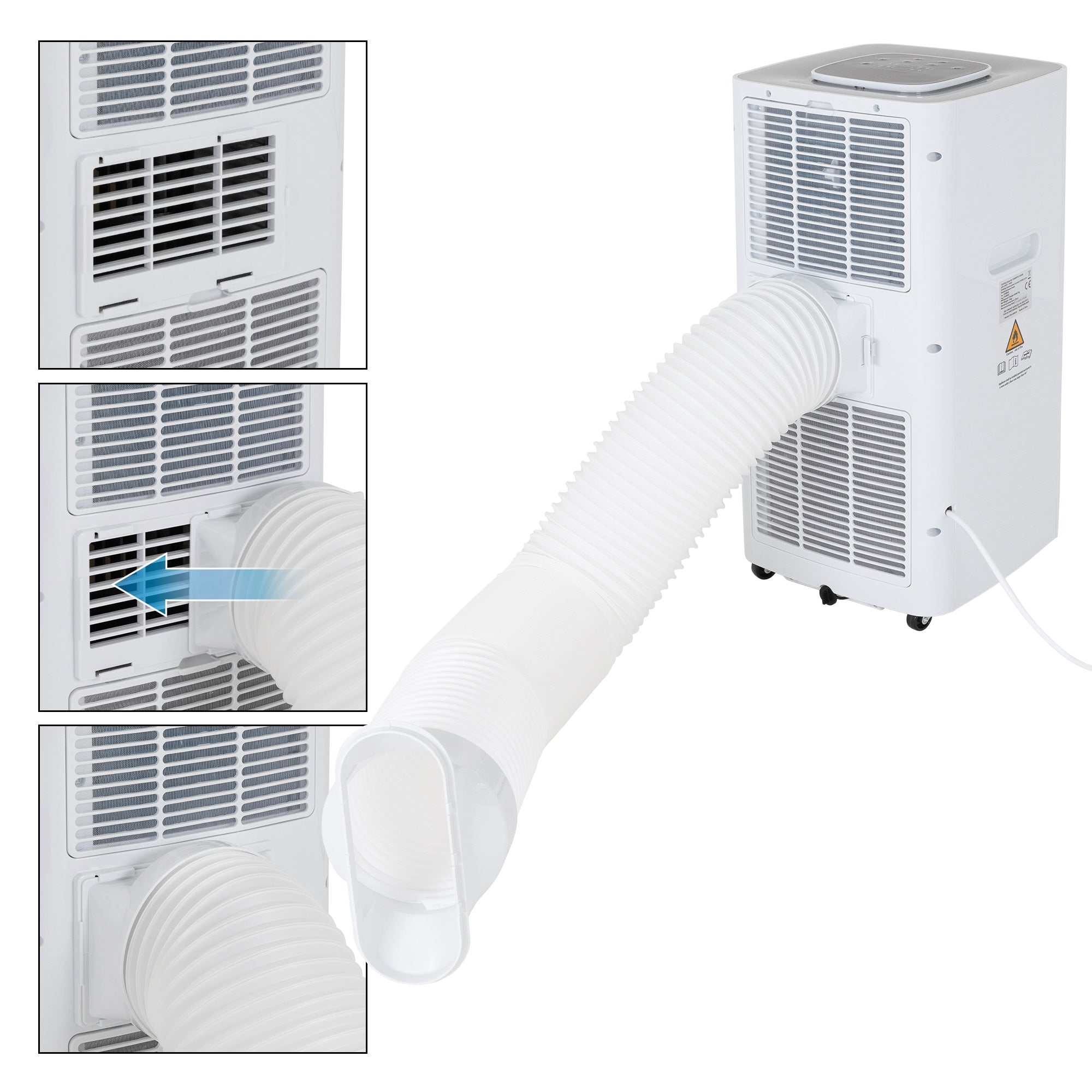 The back of an air conditioner with an exhaust hose and ventilation slots.