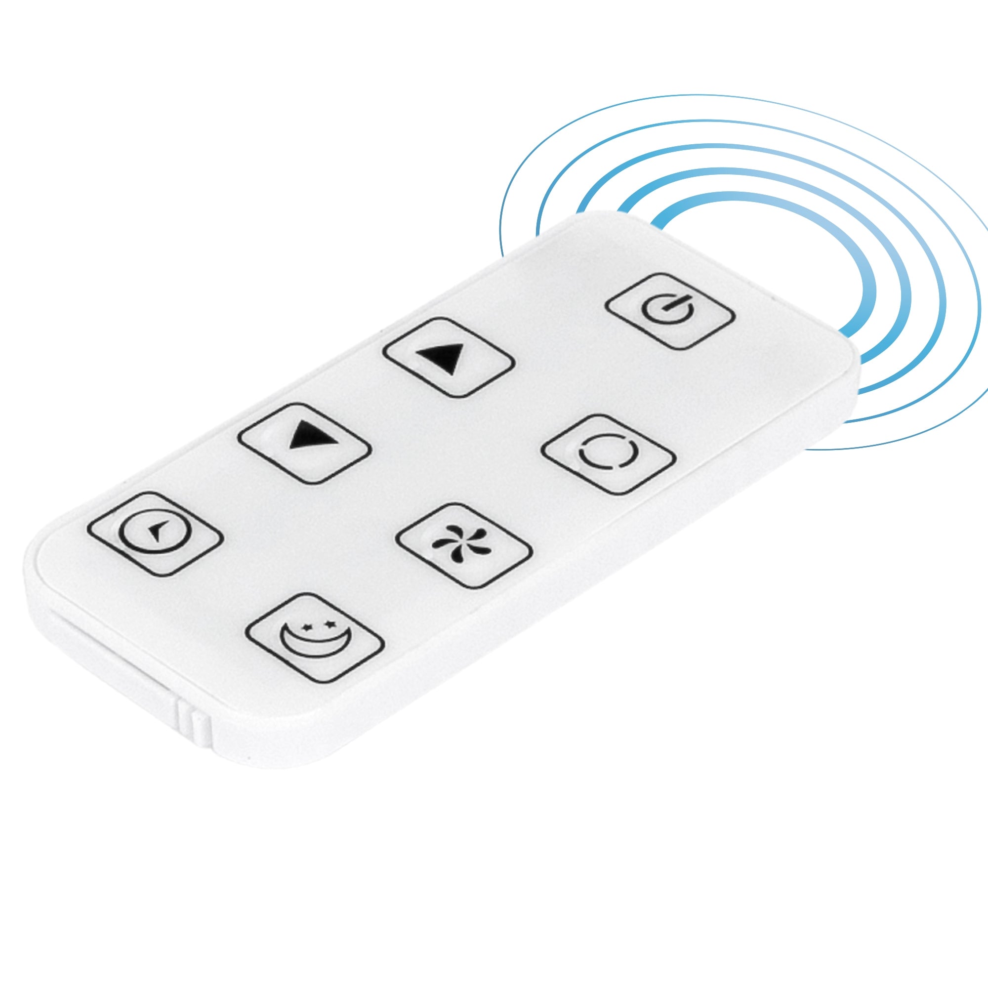 Remote control with six buttons and symbols on a white background.
