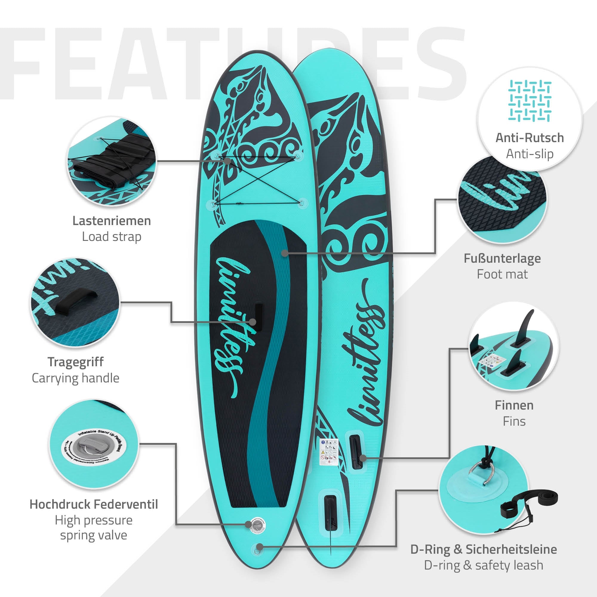 Gráfico con funciones de una tabla de Stand-Up-Paddle, incluyendo antideslizante y anillo en D.