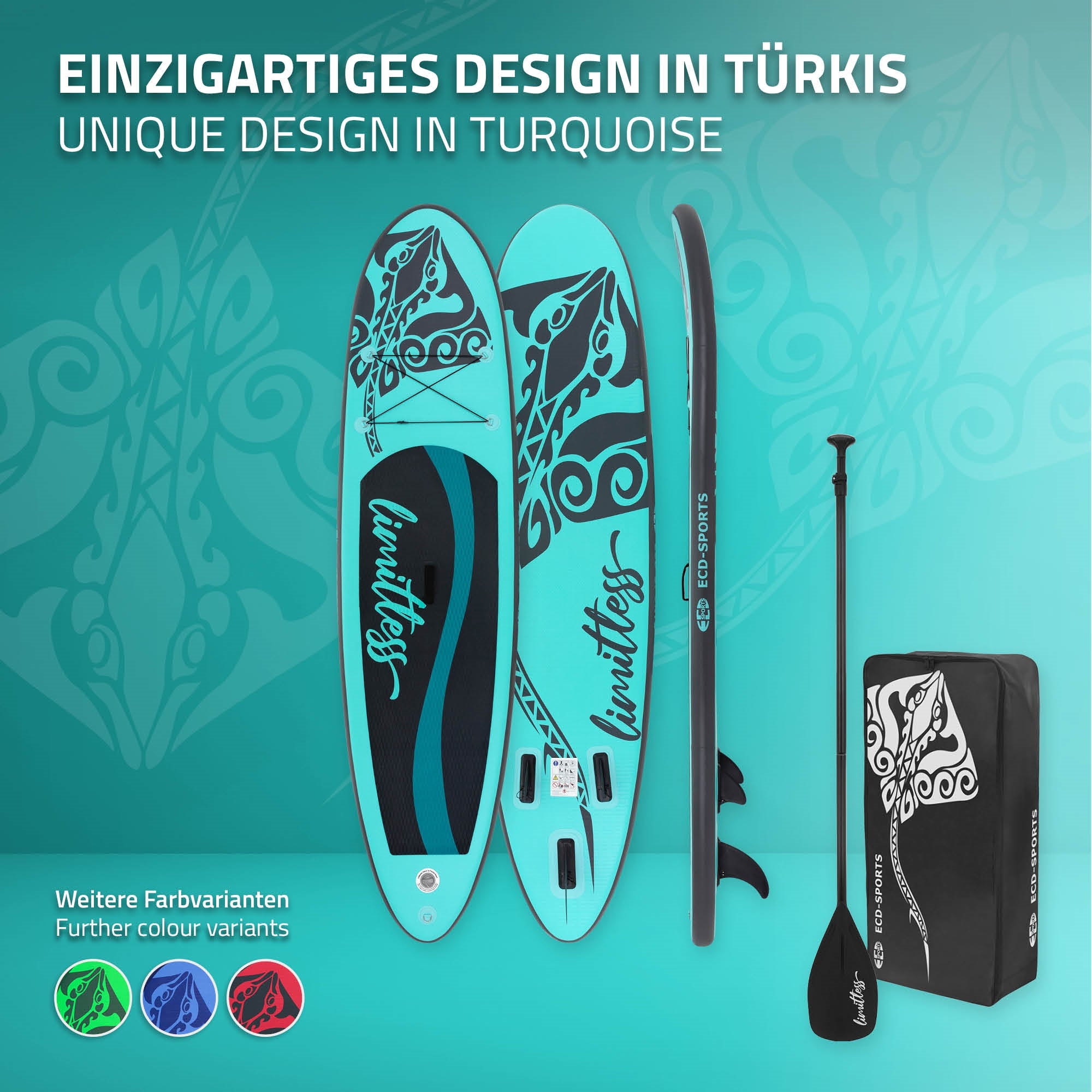 Tabla de Stand-Up-Paddle en turquesa con remo y bolsa.