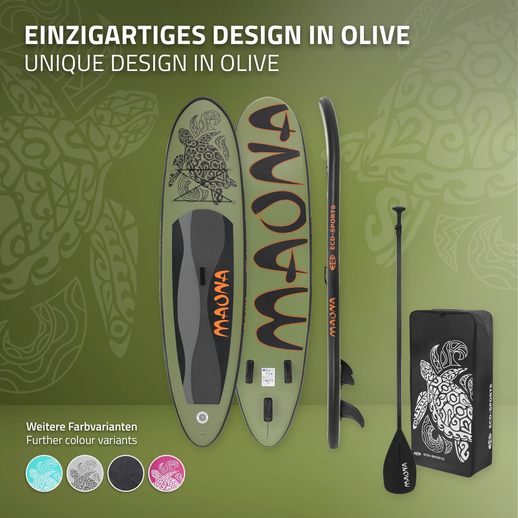 Olivenfarbenes Stand-Up-Paddle-Board mit Paddel und Tasche.