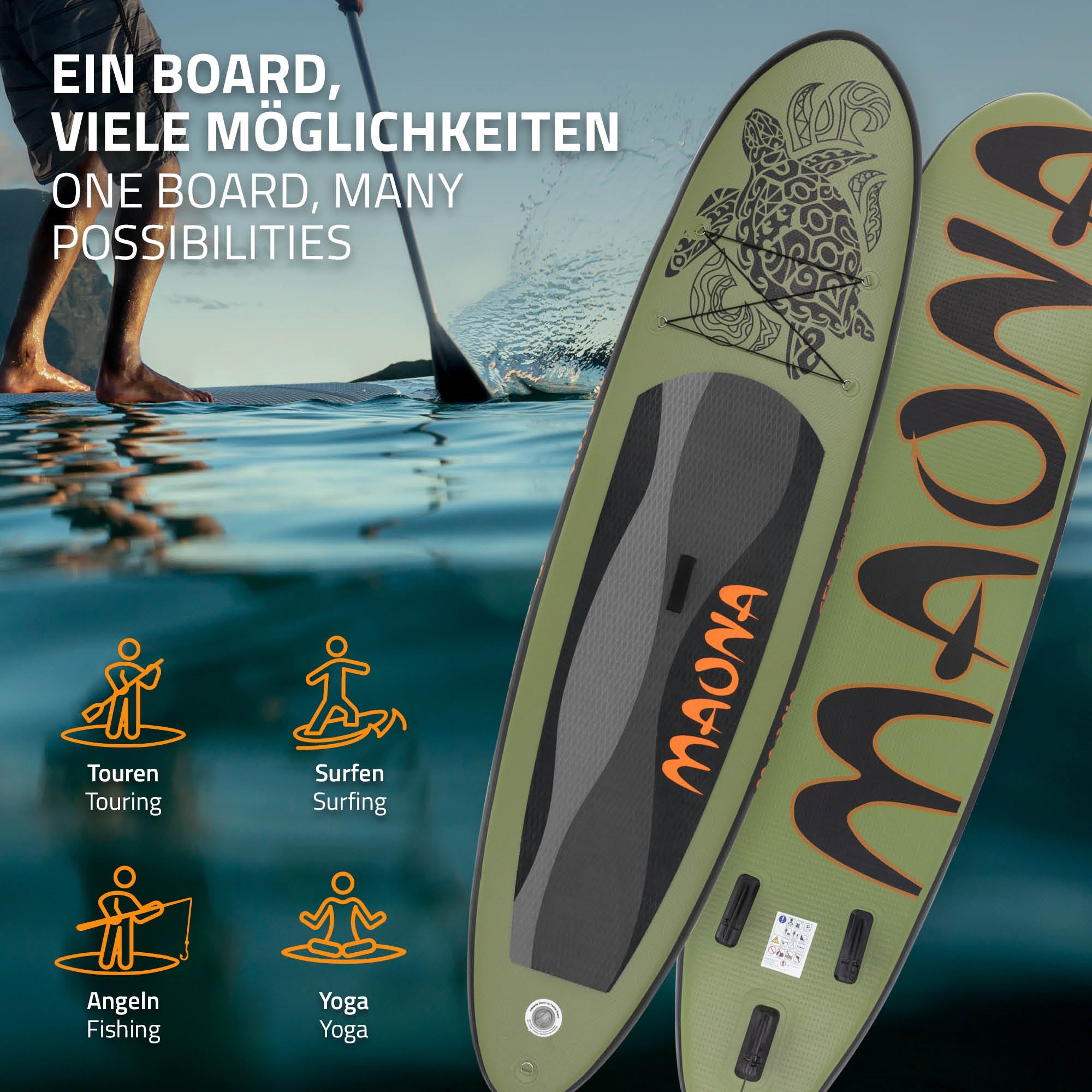 Stand-Up-Paddleboard in grün mit Symbolen für Nutzungsmöglichkeiten.