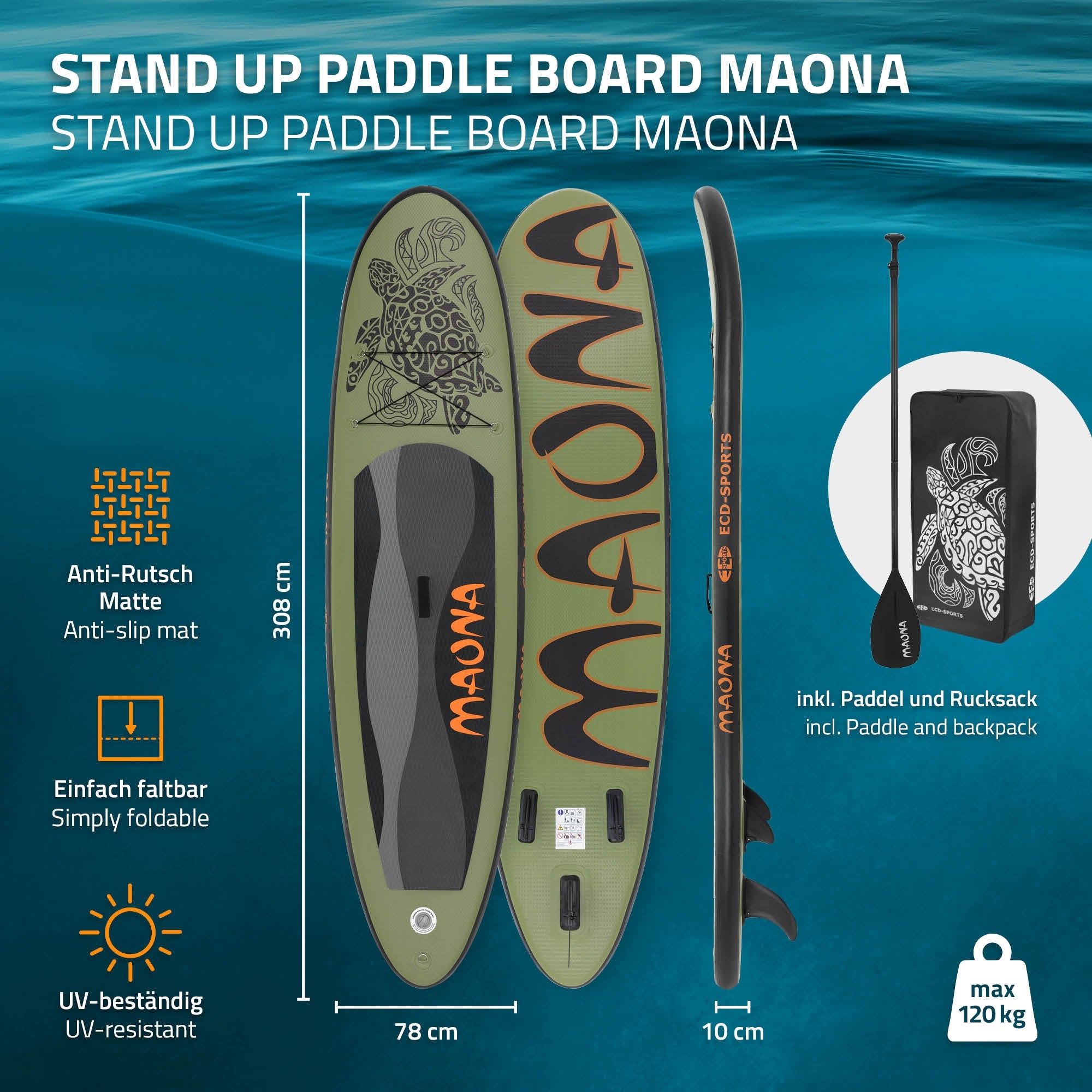 Stand Up Paddle Board Maona mit Anti-Rutsch Matte, faltbar, inkl. Paddle und Rucksack.