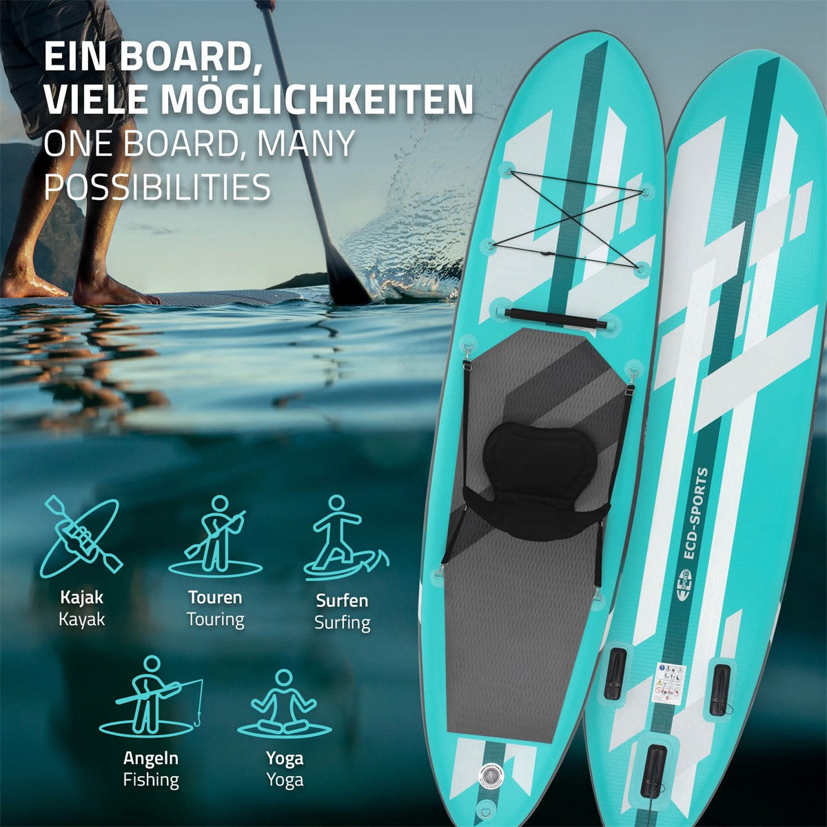 Stand-Up-Paddleboard in blau mit Symbolen für verschiedene Nutzungsmöglichkeiten.