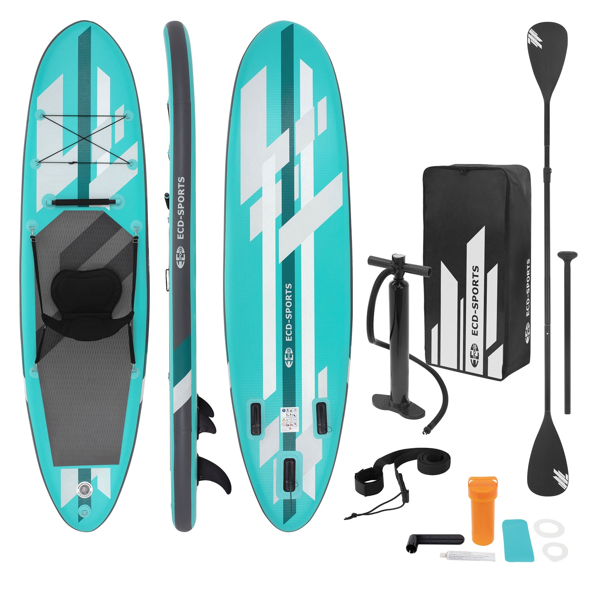 Paddleboard ve dvou pohledech, příslušenství a pumpa.