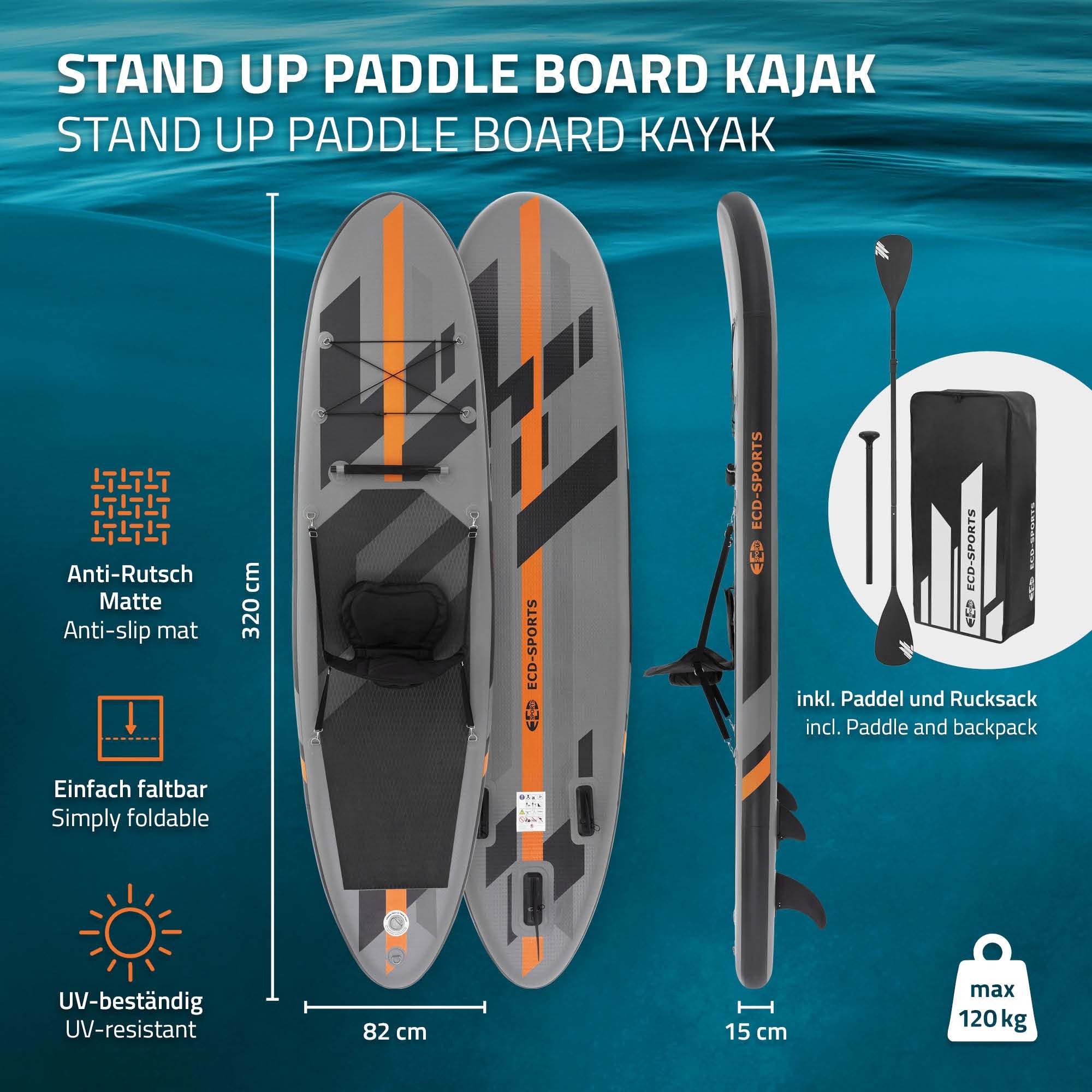 Stand-Up-Paddle-Board oransseilla yksityiskohdilla ja tietoja ominaisuuksista.