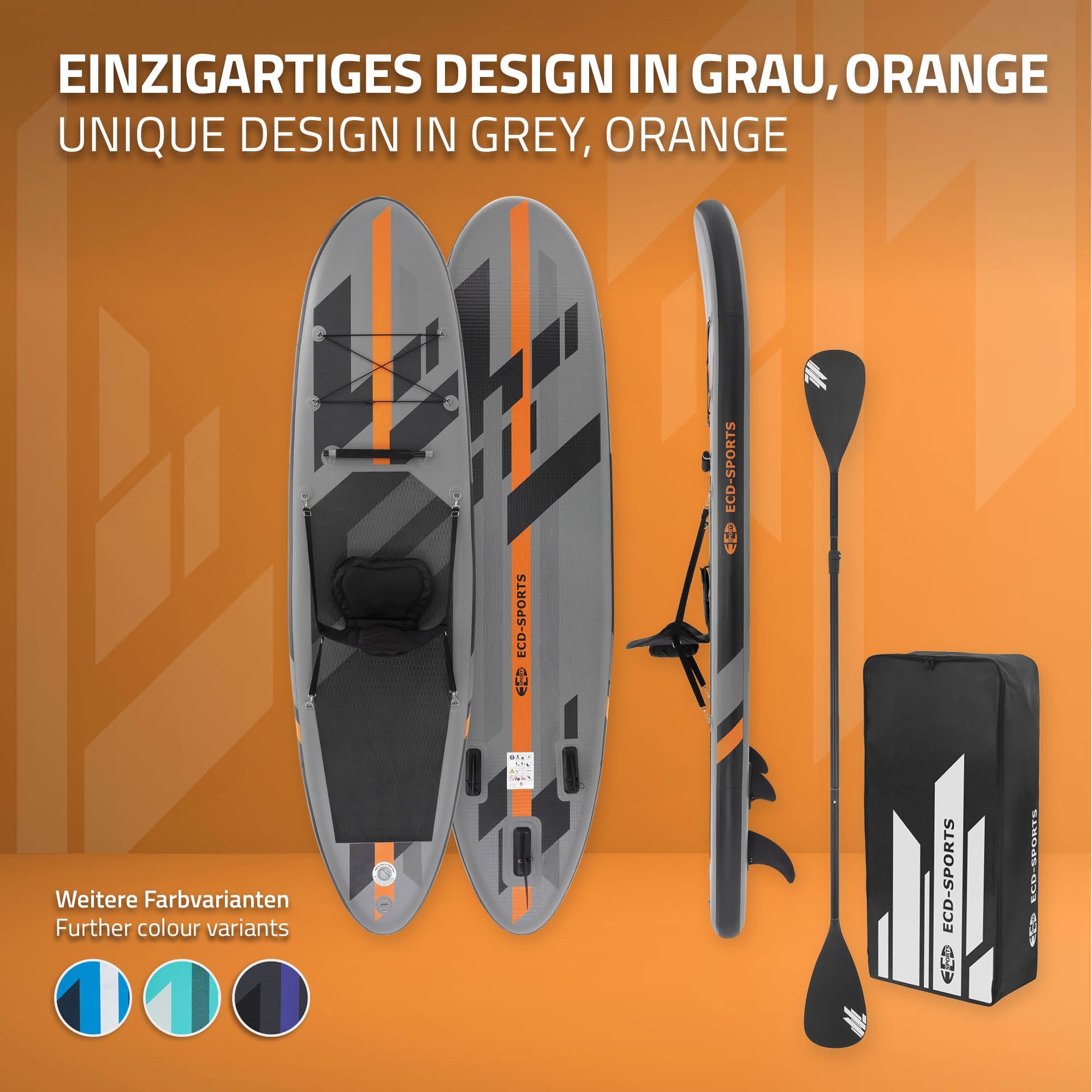 Stand-Up-Paddle-Board harmaana ja oranssina eri varusteilla.