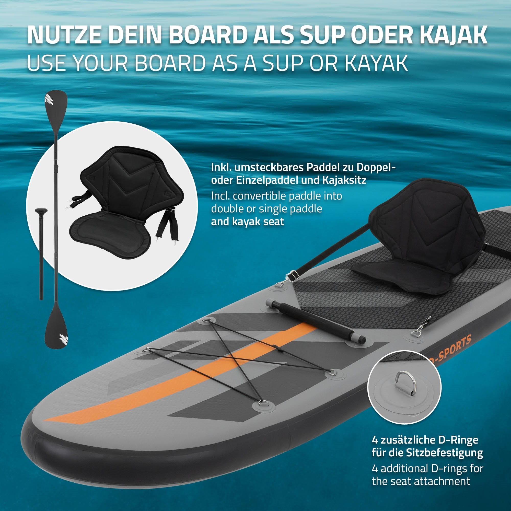 Stand-Up-Paddle-Board istuimella ja melalla veden pinnalla.