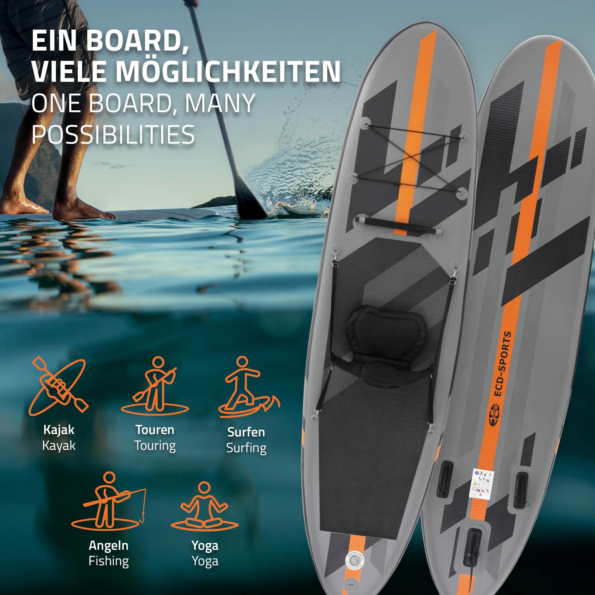 Stand-Up-Paddle-Board, jossa on oransseja korostuksia ja symboleita eri aktiviteeteille.