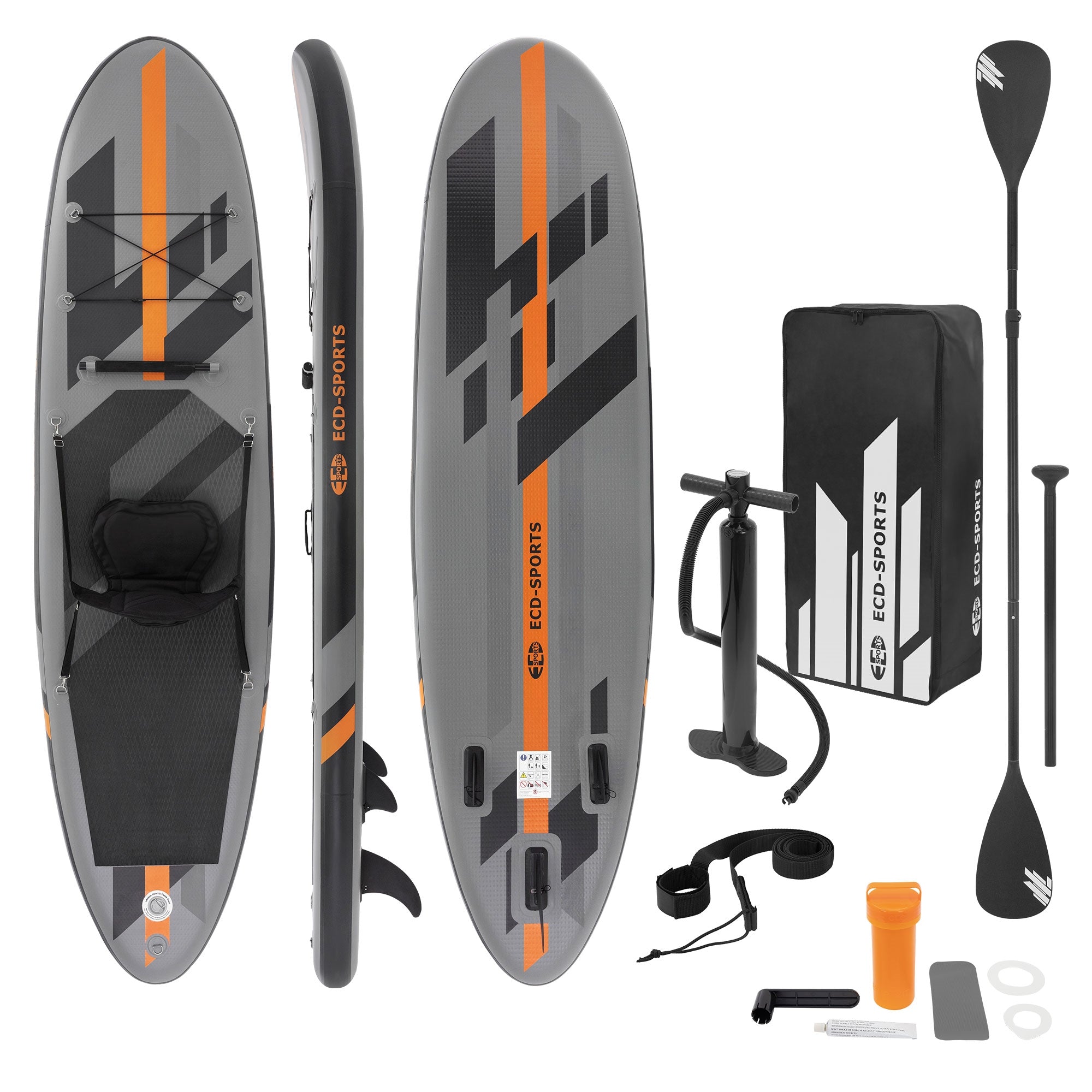 Stand-Up-Paddle-Board in Grau mit Zubehör wie Pumpe und Paddel.