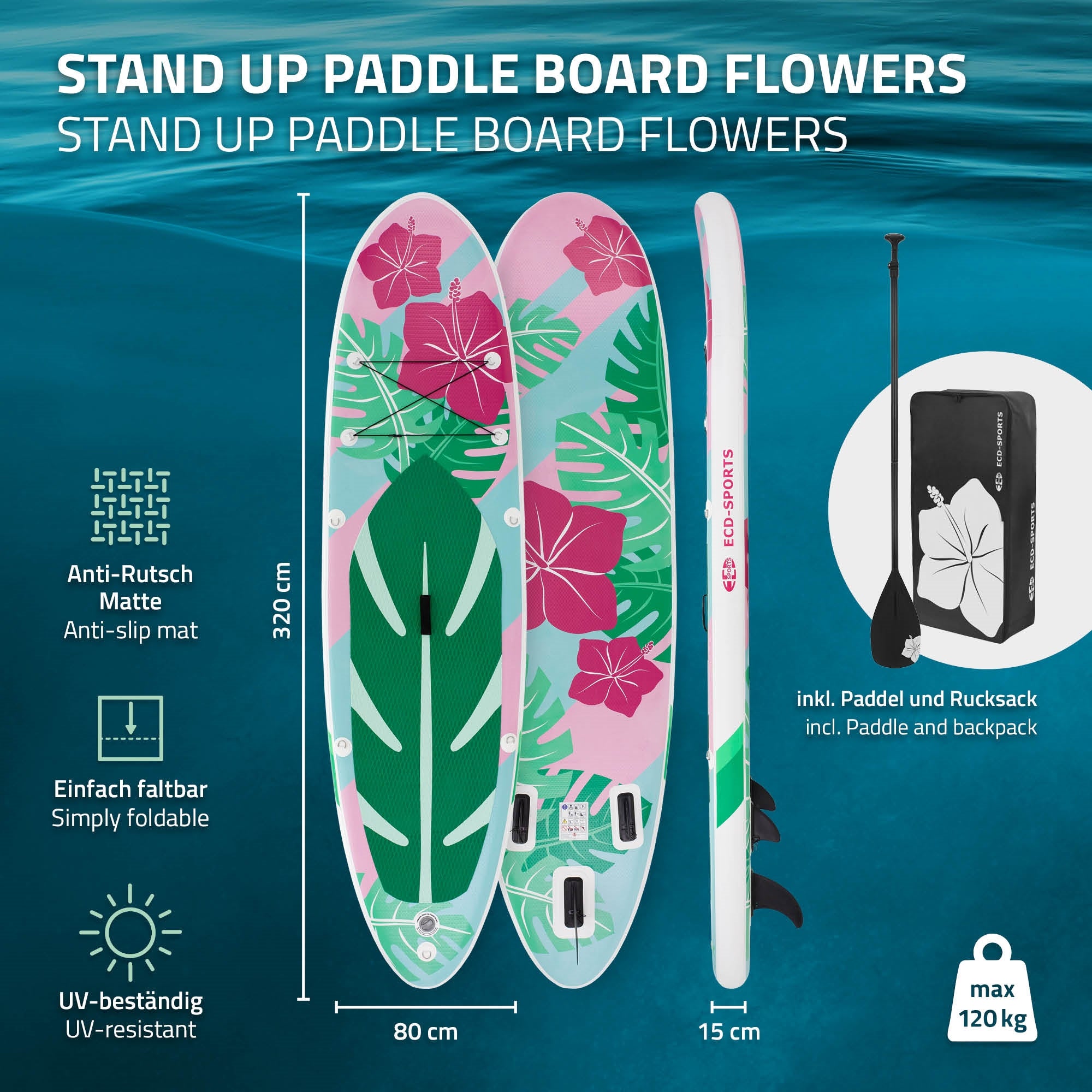 Stand-Up-Paddle-Board in Blumenoptik mit Anti-Rutsch-Matte und faltbarem Design.