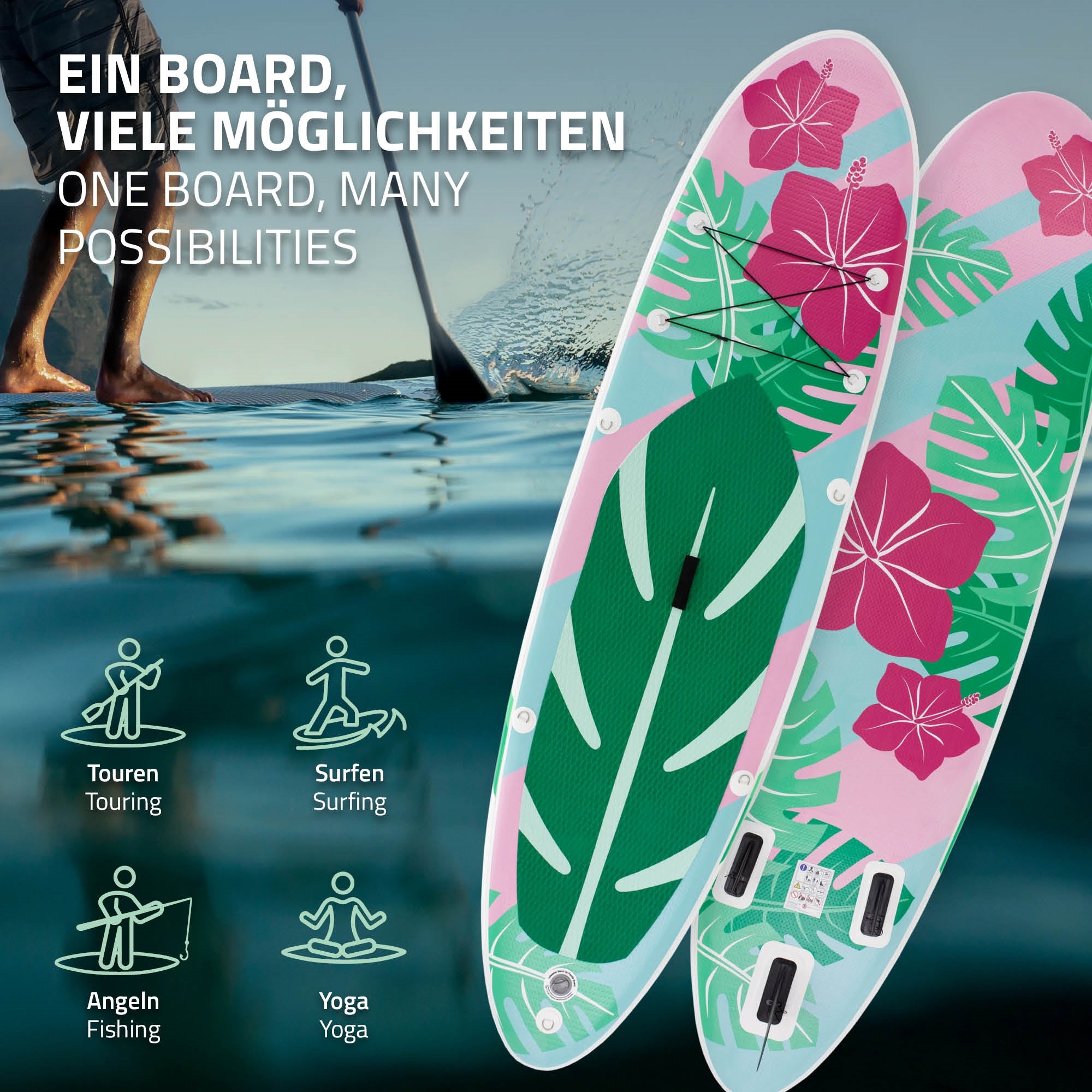 Stand-Up-Paddle-Board mit buntem Blattdesign und verschiedenen Nutzungsmöglichkeiten.