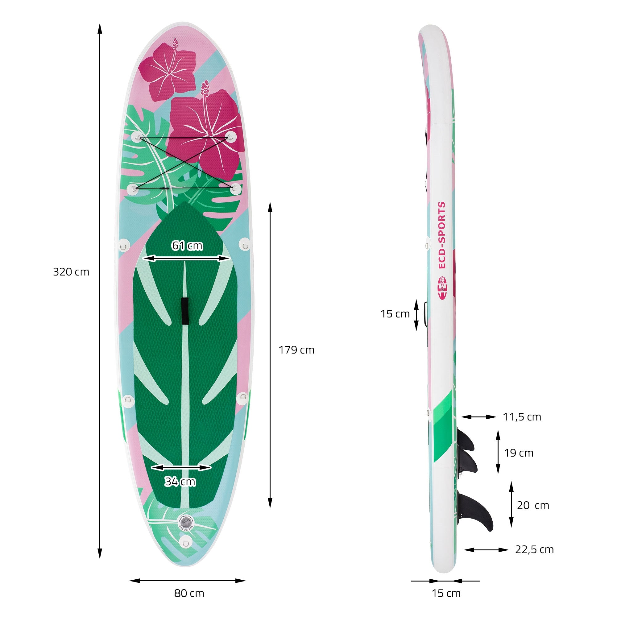 Stand-Up-Paddle-Board mit Maßen und Design in pink und grün.