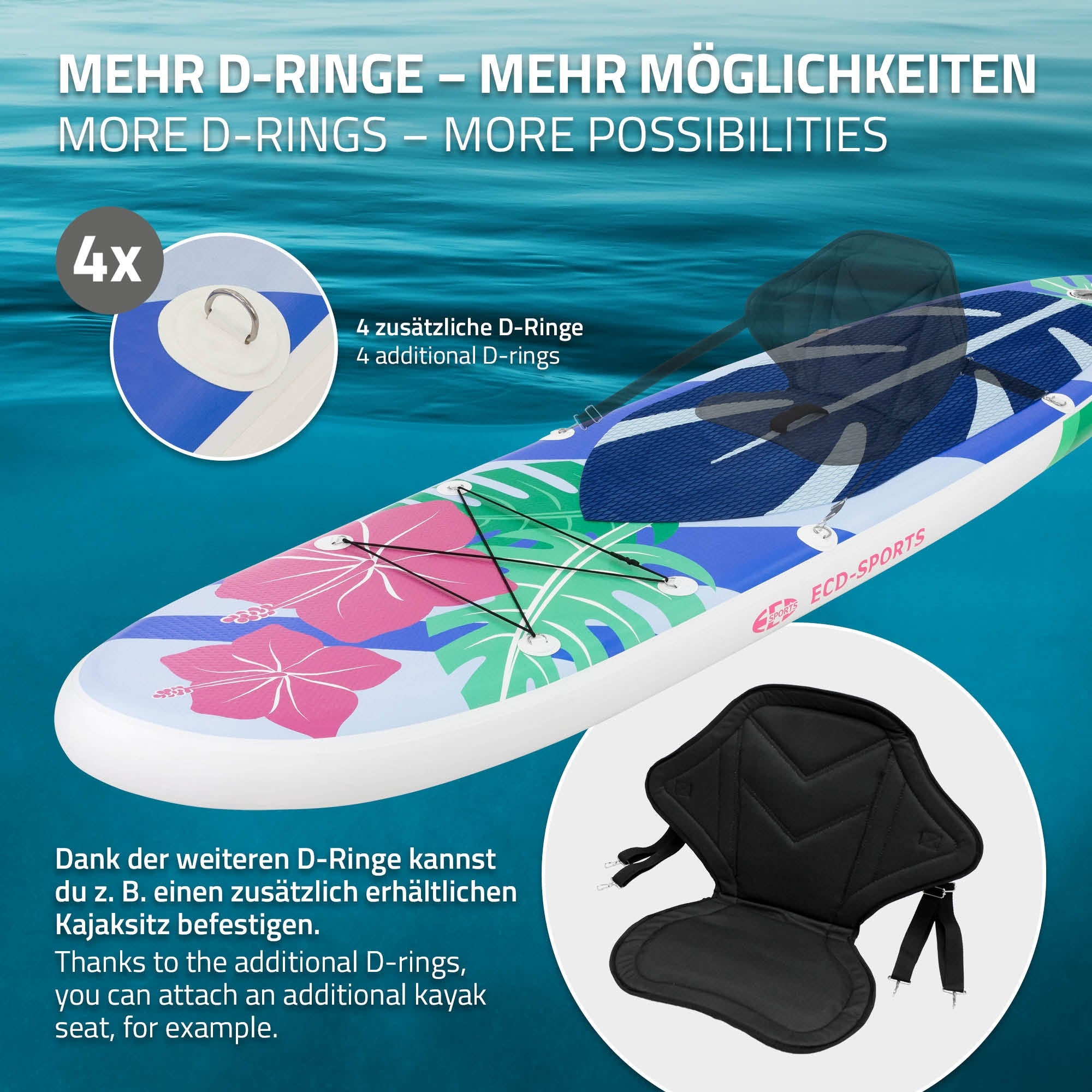 Stand-Up-Paddle-Board mit zusätzlichen D-Ringen und Sitzoption.