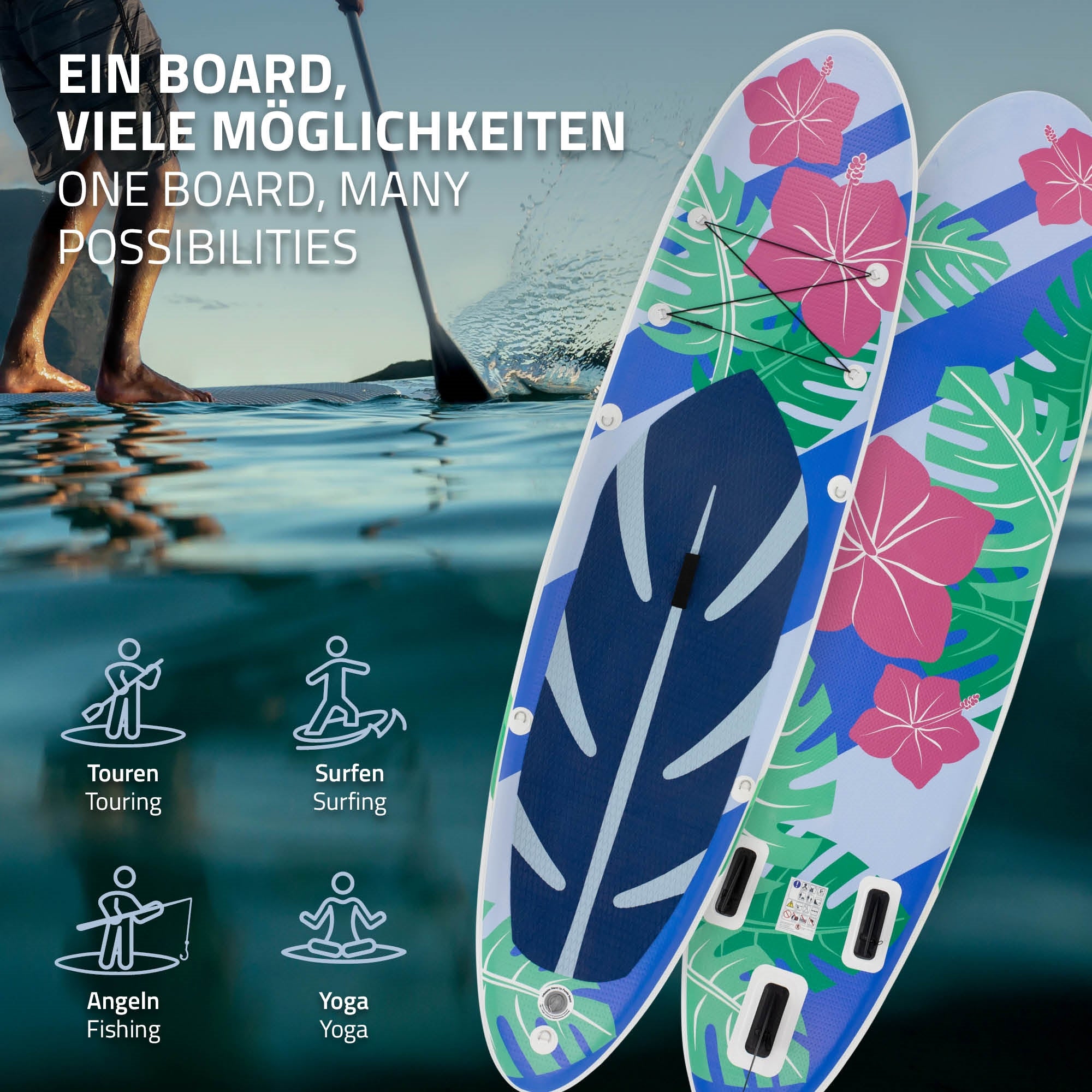 Zwei Stand-Up-Paddle-Boards mit bunten Blumenmustern auf Wasser.