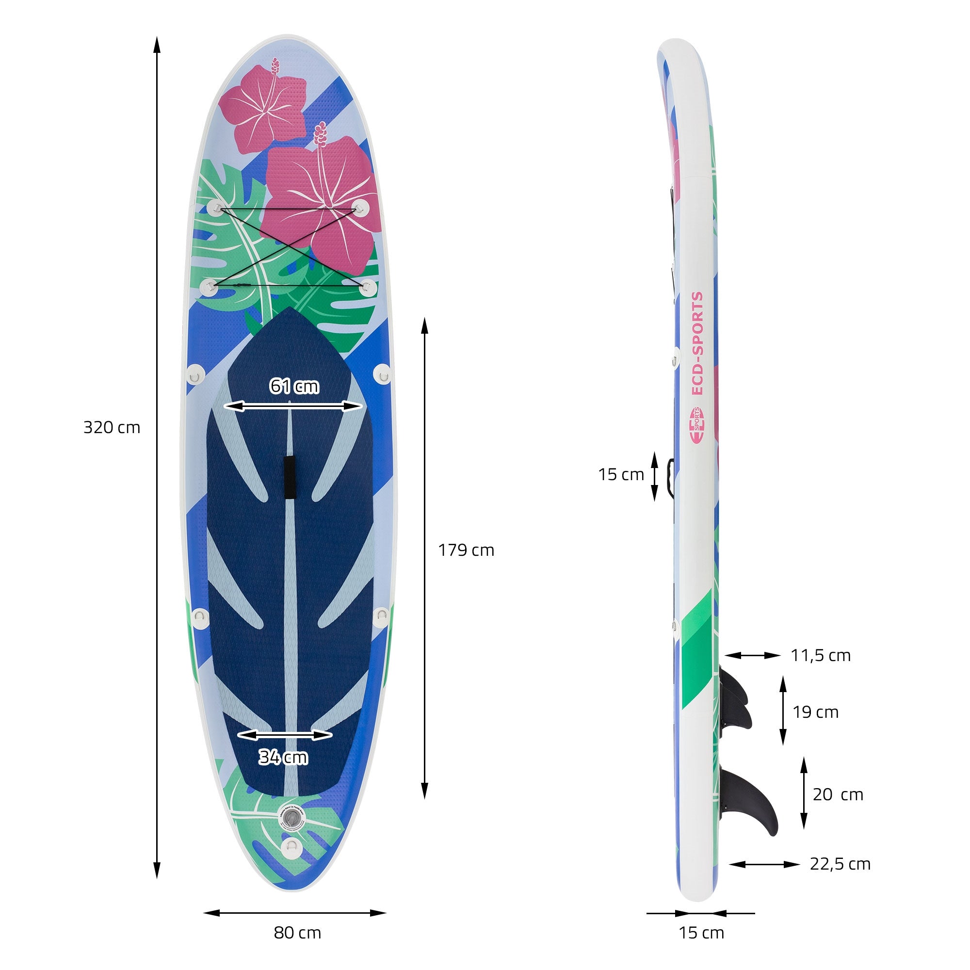 Stand-Up-Paddle-Board mit Blumenmuster, Maße und Details sind angegeben.