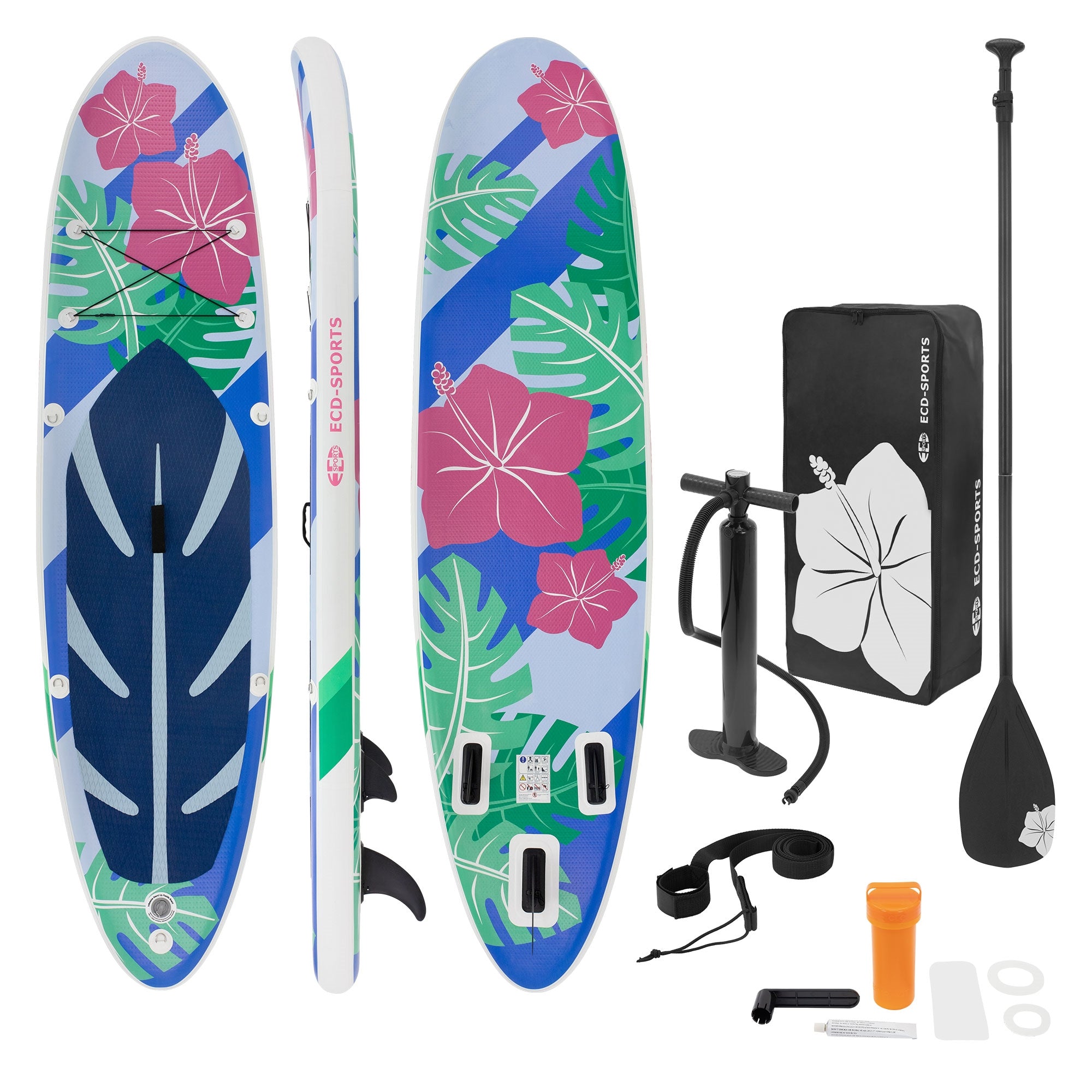 Stand-Up-Paddle-Board in buntem Design mit Zubehör und Pumpe.