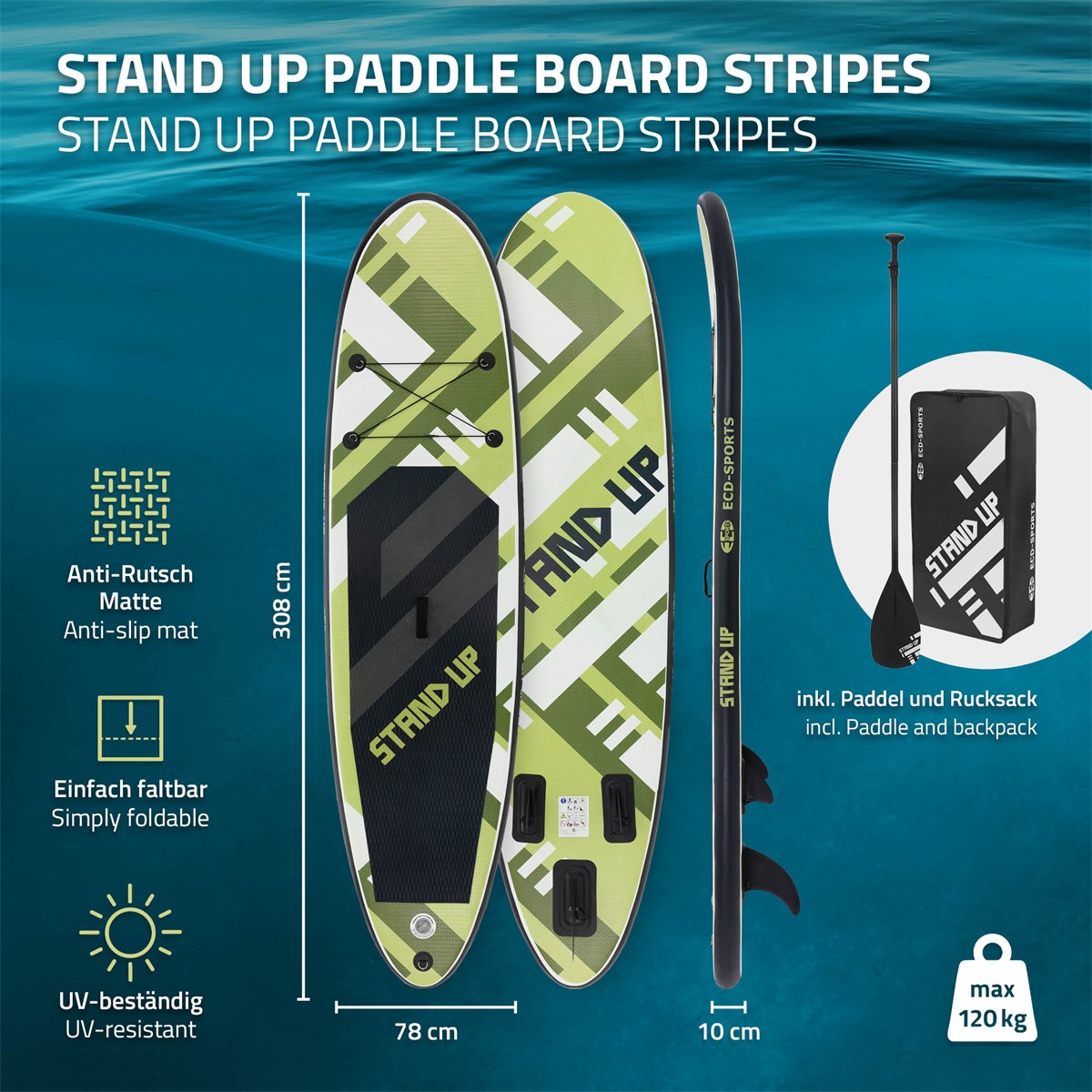 Stand-Up-Paddle-Board in Grün mit verschiedenen Merkmalen und Zubehör.