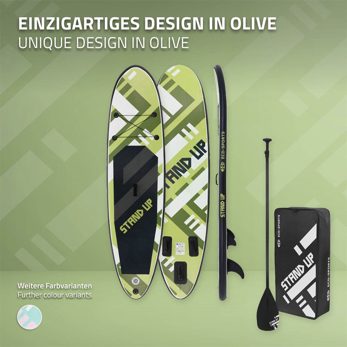 Stand-Up-Paddle-Board in Olivgrün mit Designmustern und Zubehör.