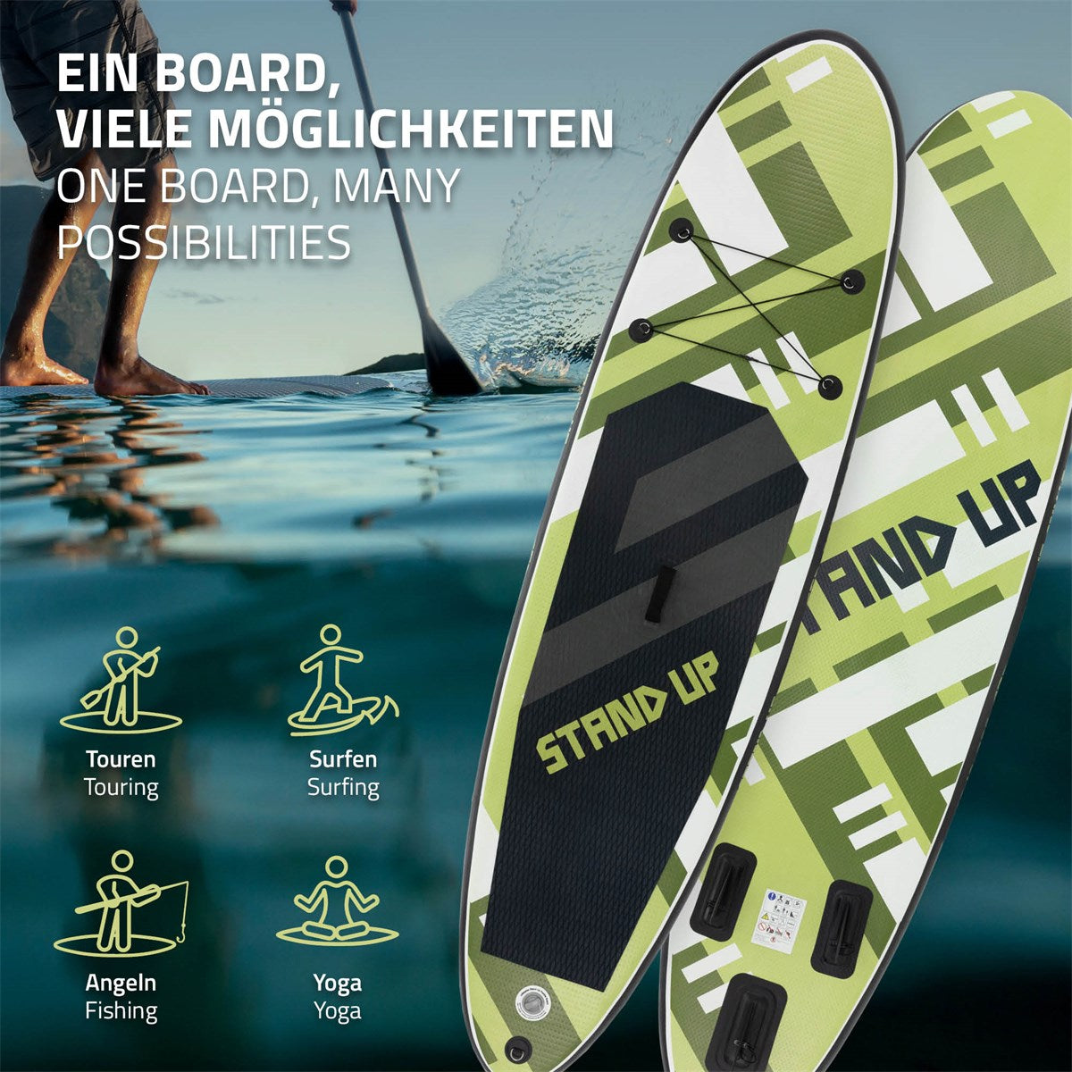 Zwei Stand-Up-Paddle-Boards mit grünen und weißen Mustern auf Wasser.