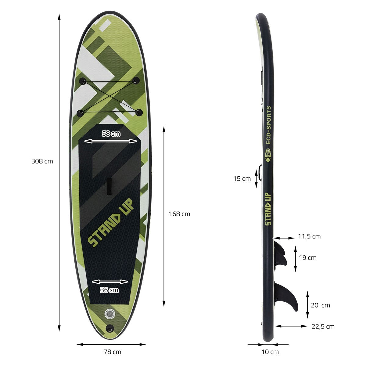 Stand-Up-Paddle-Board mit Maßen und Design in grün und schwarz.