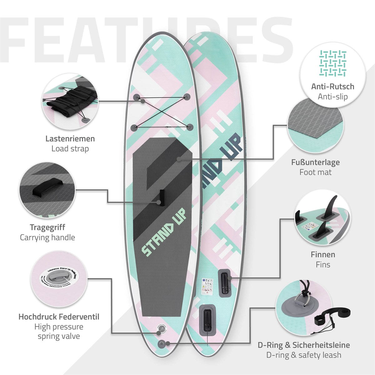 Stand-Up-Paddle-Board in Mint und Rosa mit verschiedenen Merkmalen und Zubehör.