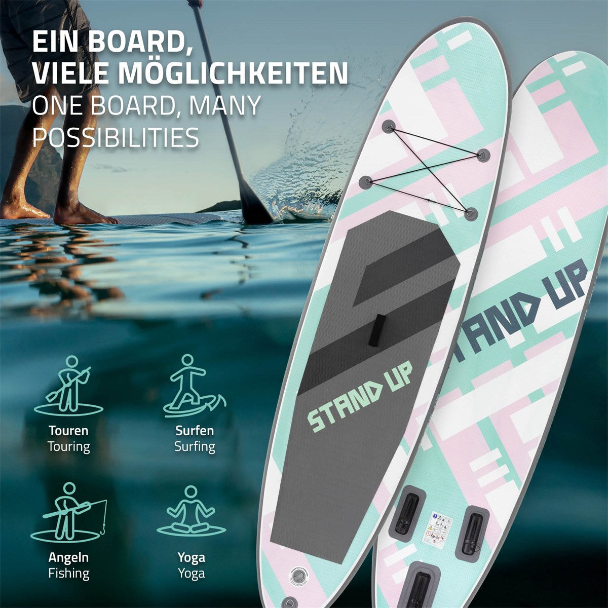 Stand-Up-Paddle-Board mit verschiedenen Nutzungsmöglichkeiten und Symbolen.