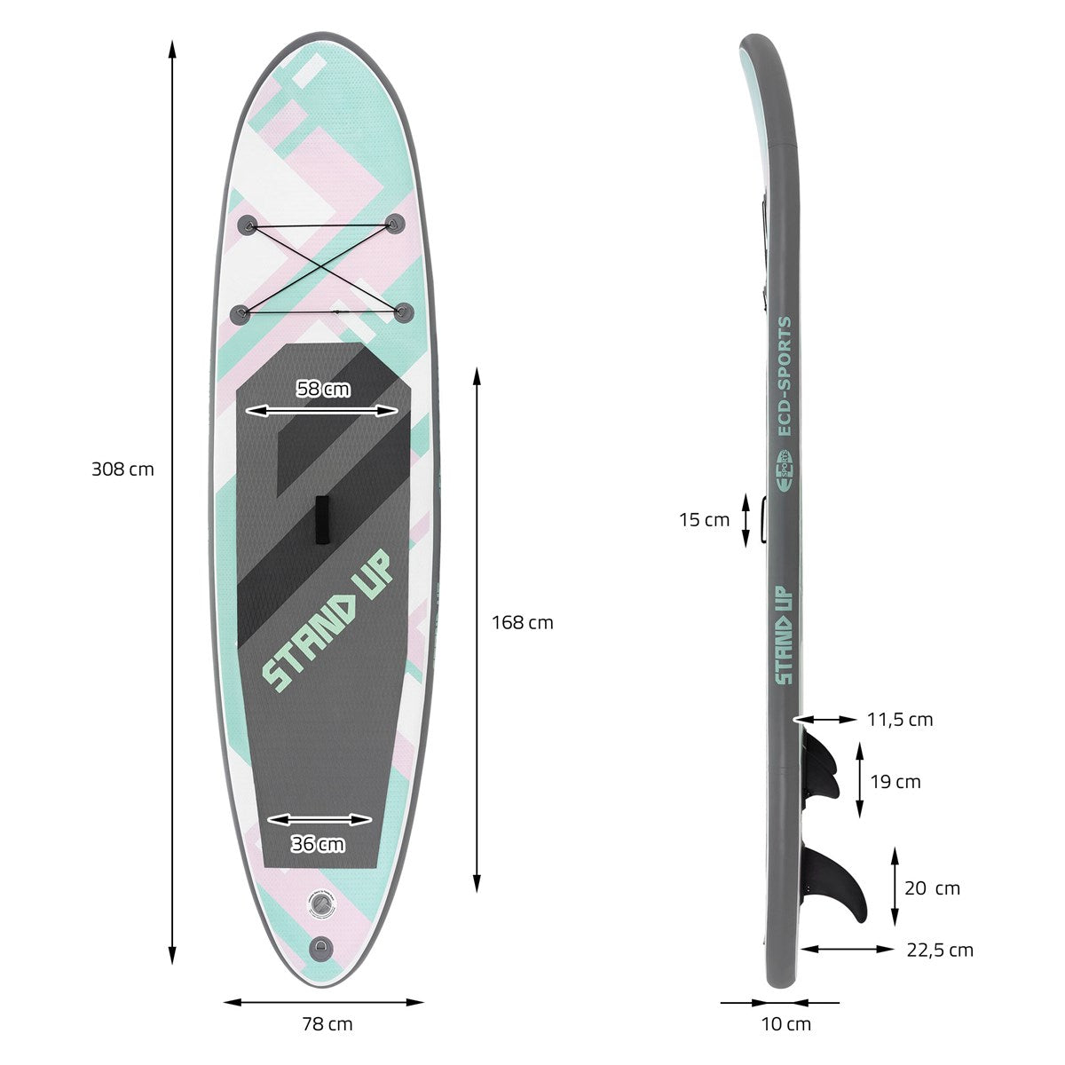 Seitenansicht eines Stand-Up-Paddle-Boards mit Maßen und Design.