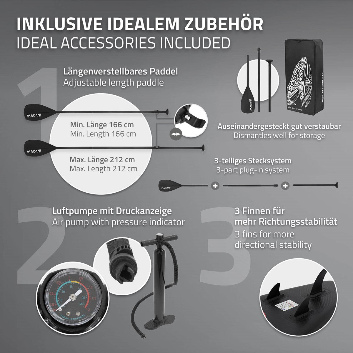 Zubehör für Stand-Up-Paddle-Board mit Paddel, Pumpe und Druckanzeige.