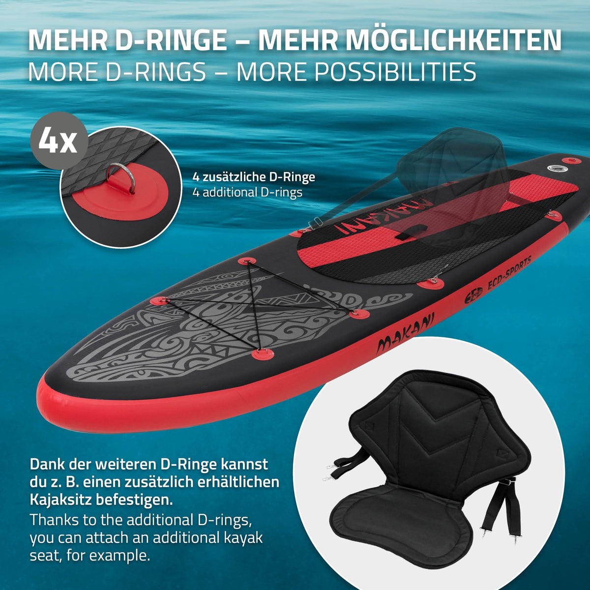 Stand-Up-Paddle-Board med ekstra D-ringe og siddeoptioner.