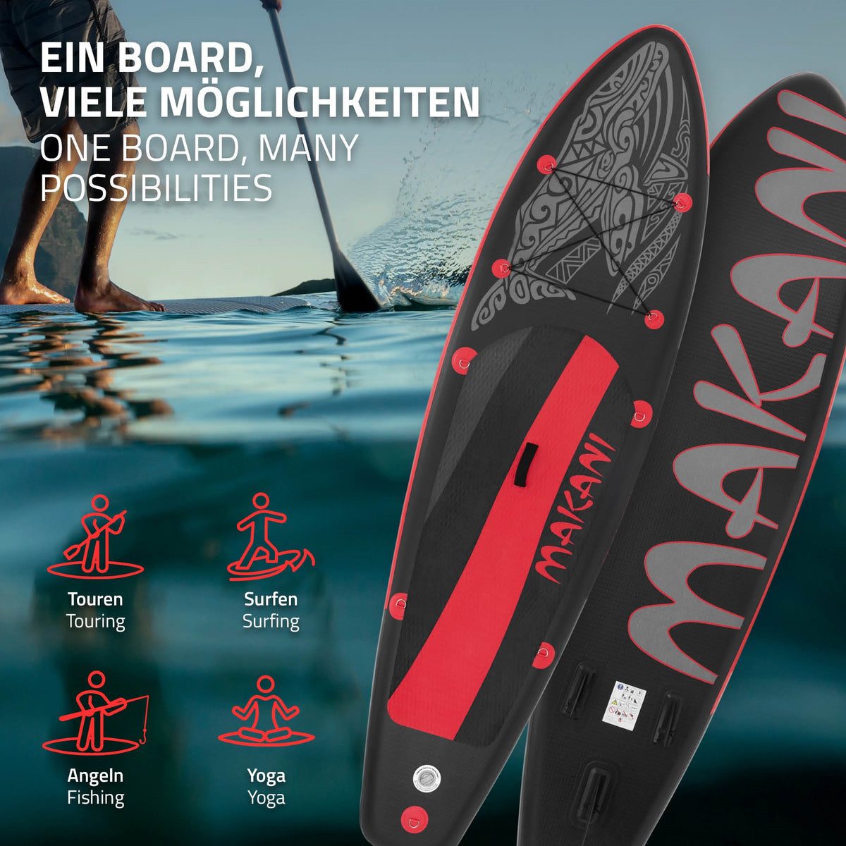 SUP-board med forskellige anvendelsesmuligheder: ture, surfing, fiskeri, yoga.