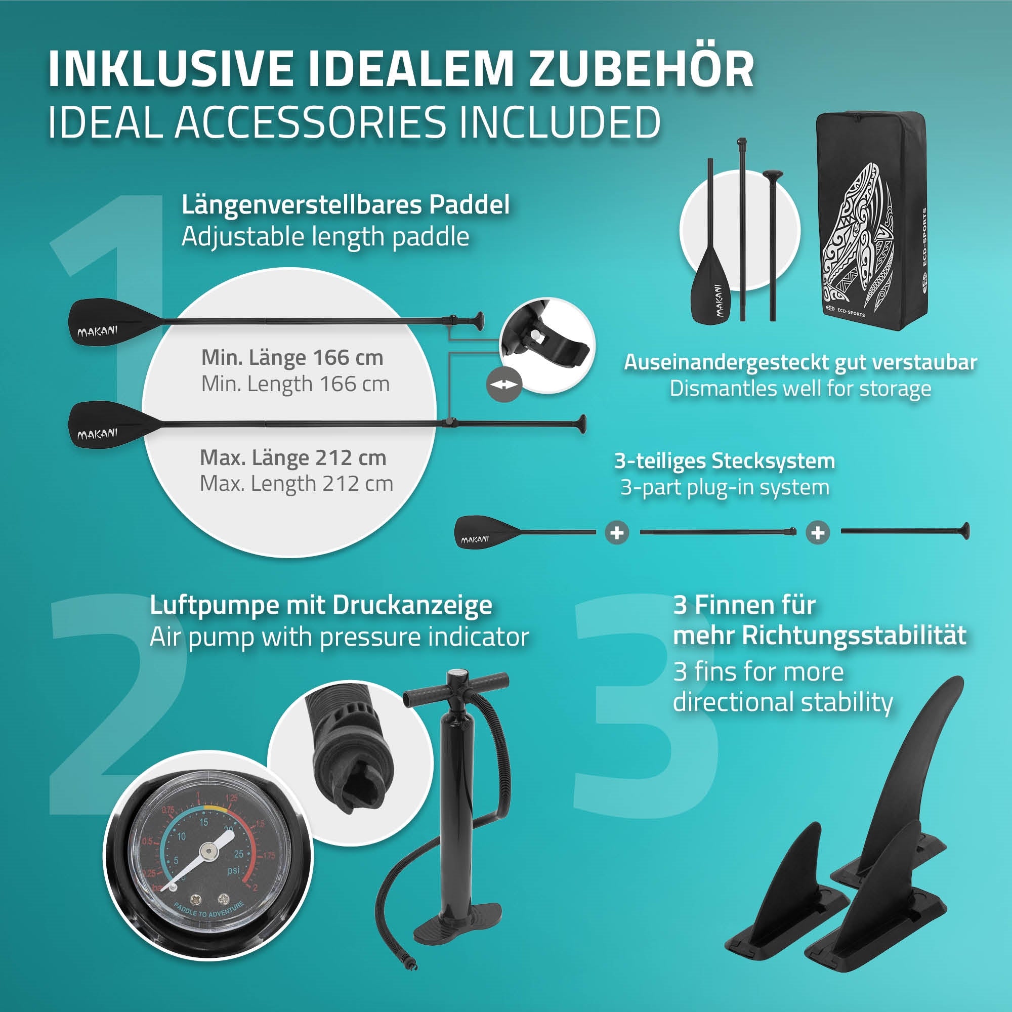 Zubehör für Stand-Up-Paddle-Board: verstellbares Paddel, Luftpumpe, Finnen.