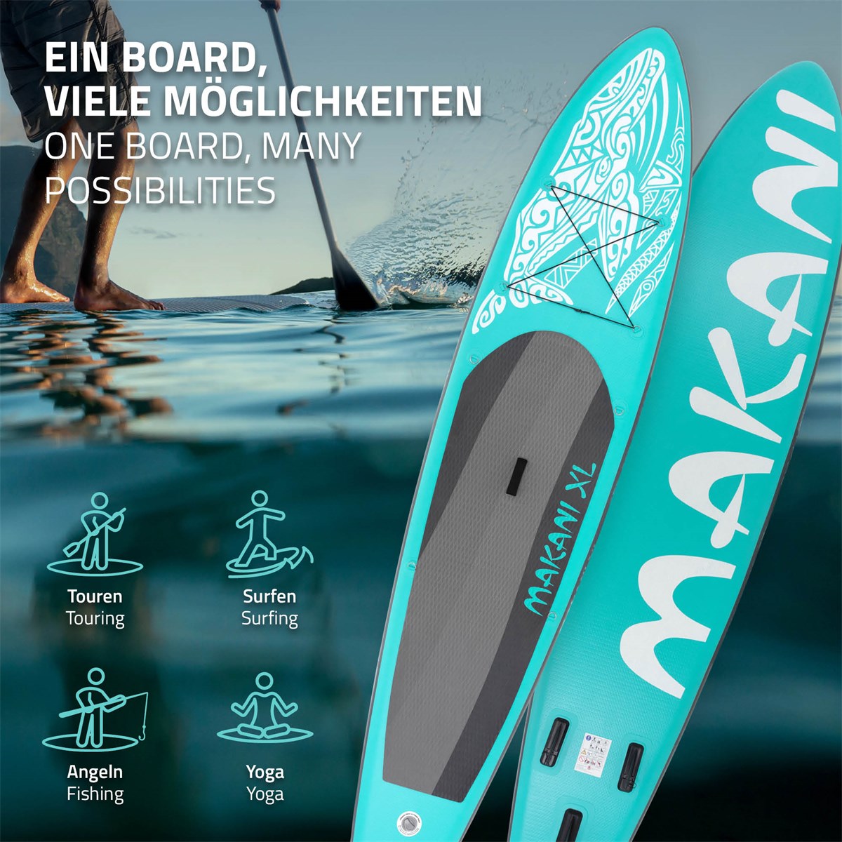 Stand-Up-Paddleboard in Türkis mit verschiedenen Nutzungsmöglich