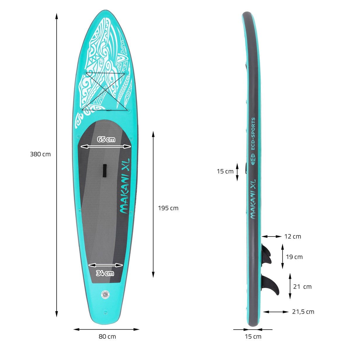 Türkisfarbenes Stand-Up-Paddleboard mit Maßen und Designansicht.