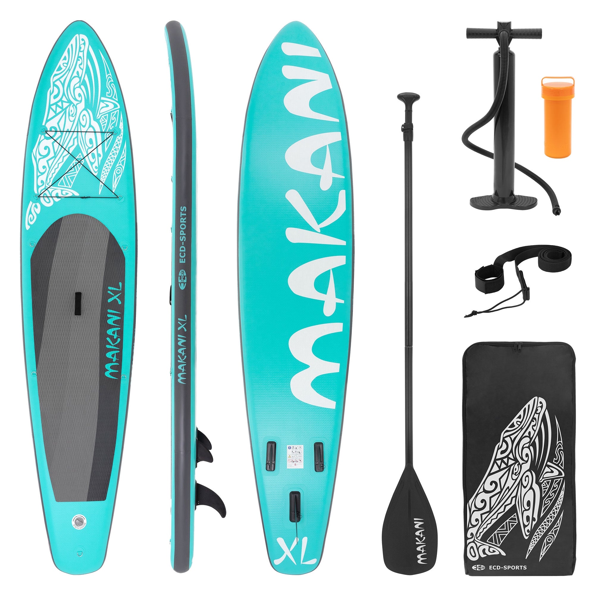 Tyrkysová paddleboard s pádlem, pumpou a taškou na přenášení.