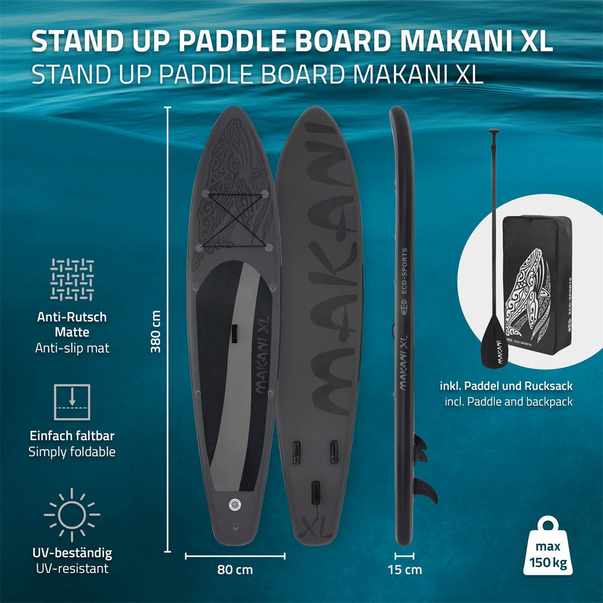 Stand Up Paddle Board Makani XL, Maße und Details, schwarz, auf hellem Hintergrund.