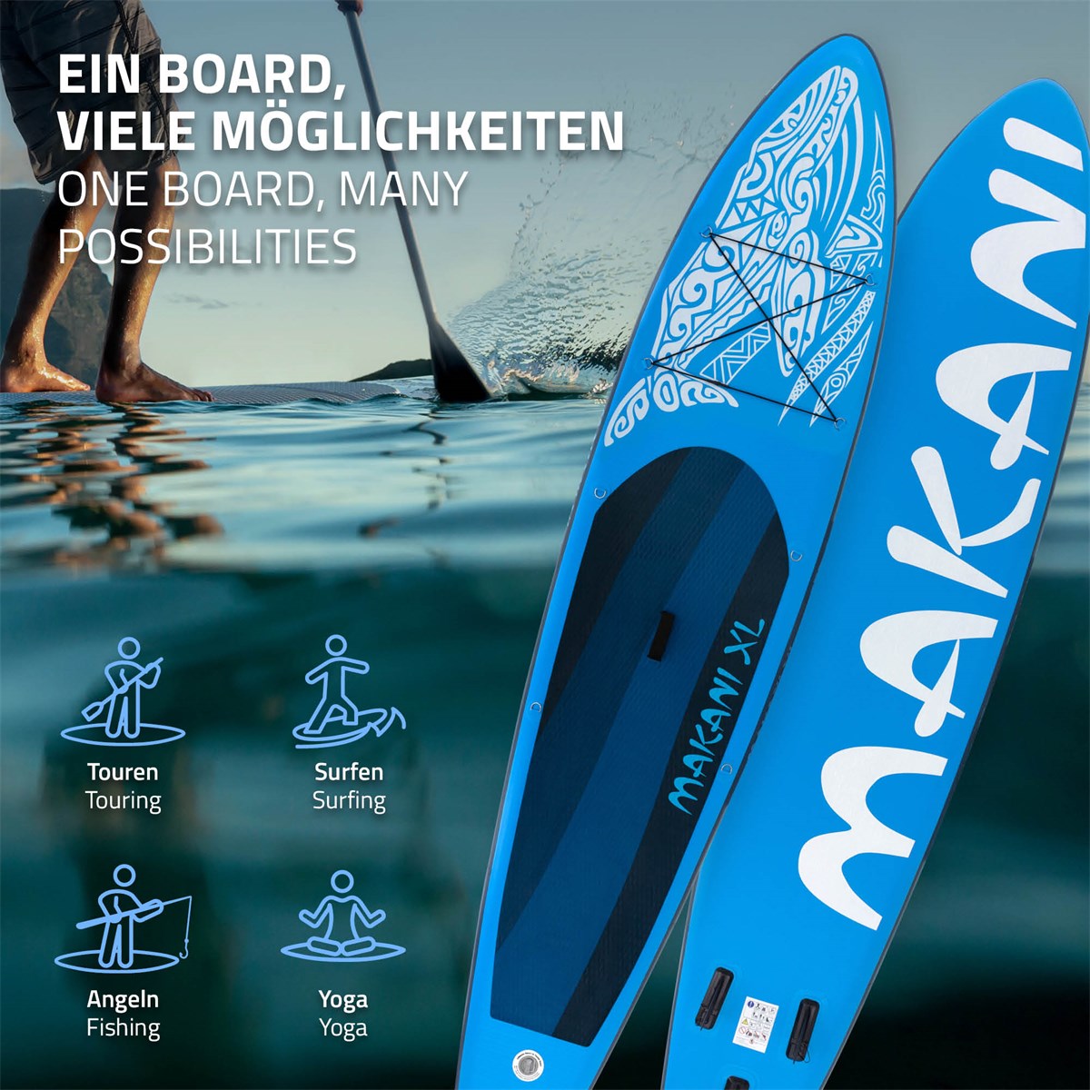 Blaues Stand-Up-Paddle-Board mit verschiedenen Nutzungsmöglichkeiten.