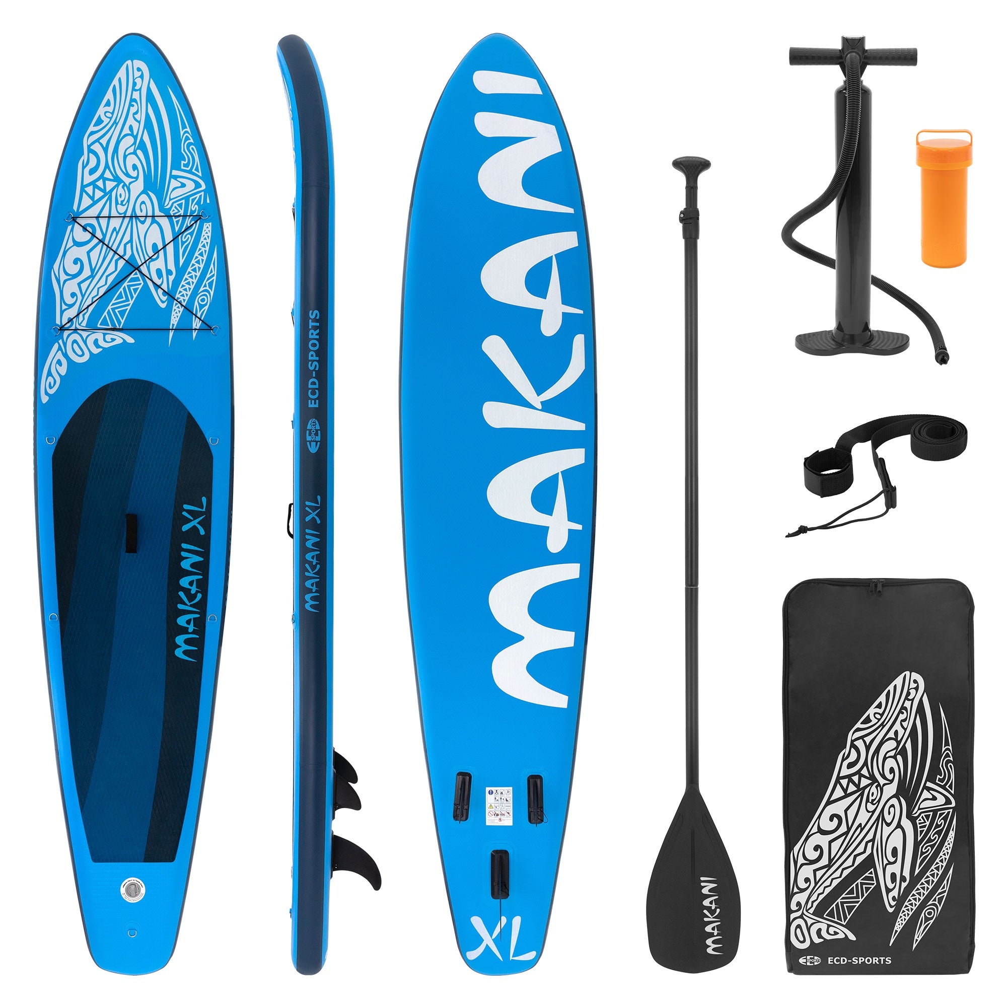Stand-Up-Paddleboard in Blau mit Zubehör: Pumpe, Paddel und Tragetasche.