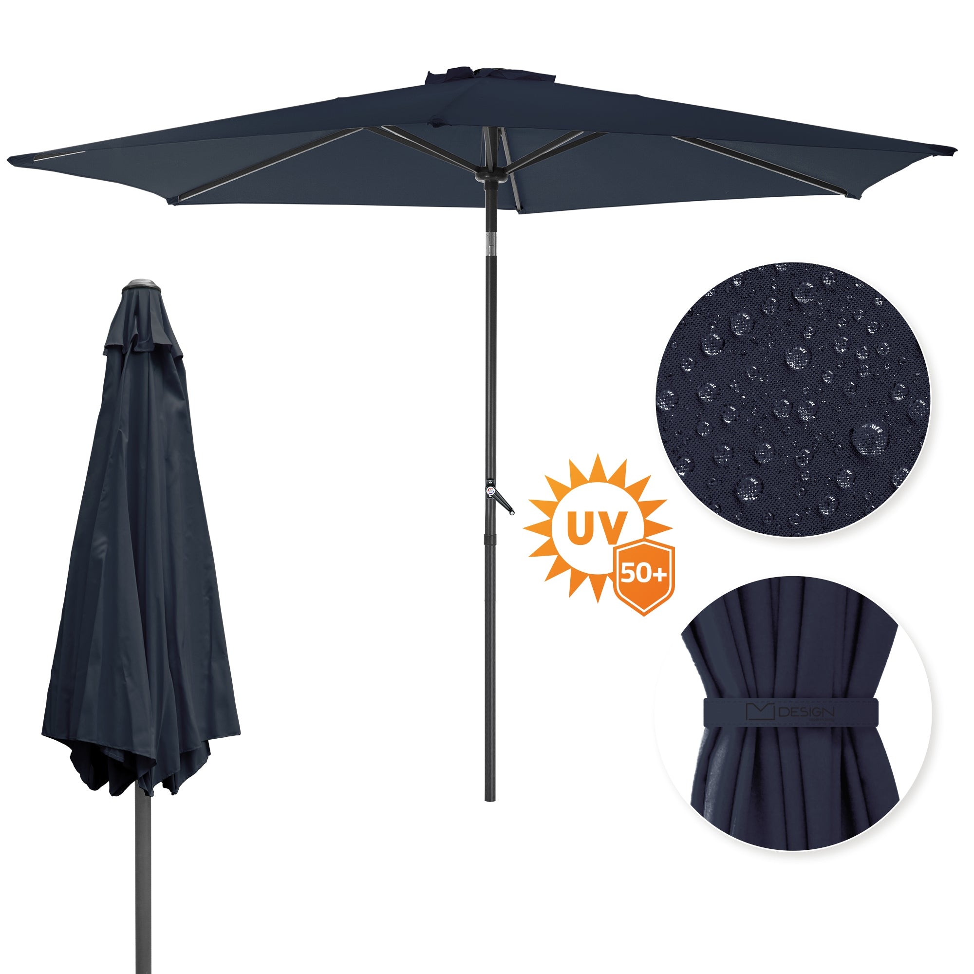 Dunkelblauer Sonnenschirm mit Wasserabweisender Oberfläche und UV-Schutz.