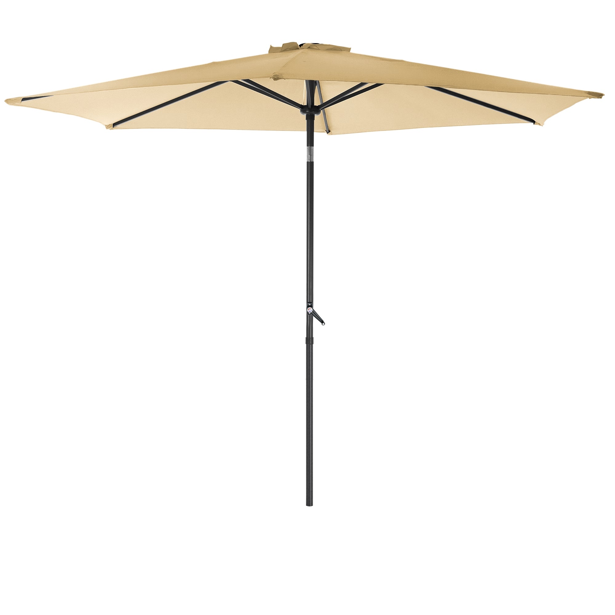 Beige Sonnenschirm mit schwarzem Gestell, auf einem weißen Hintergrund.